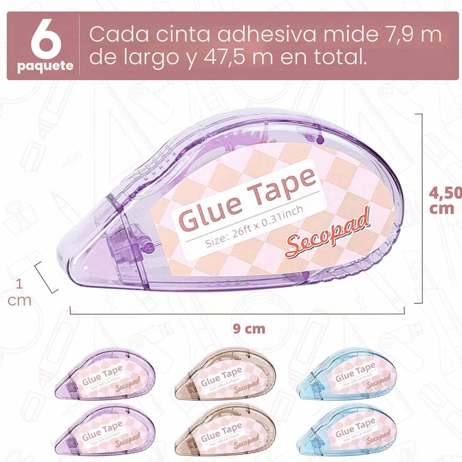 Secopad 6 Piezas Pegamento Roller, Pegamento en Cinta Adhesiva Doble Cara, Rodillo Adhesivo para Fotos, Álbumes de Recortes, Tarjetas, Manualidades y Diarios - 8mm × 8m