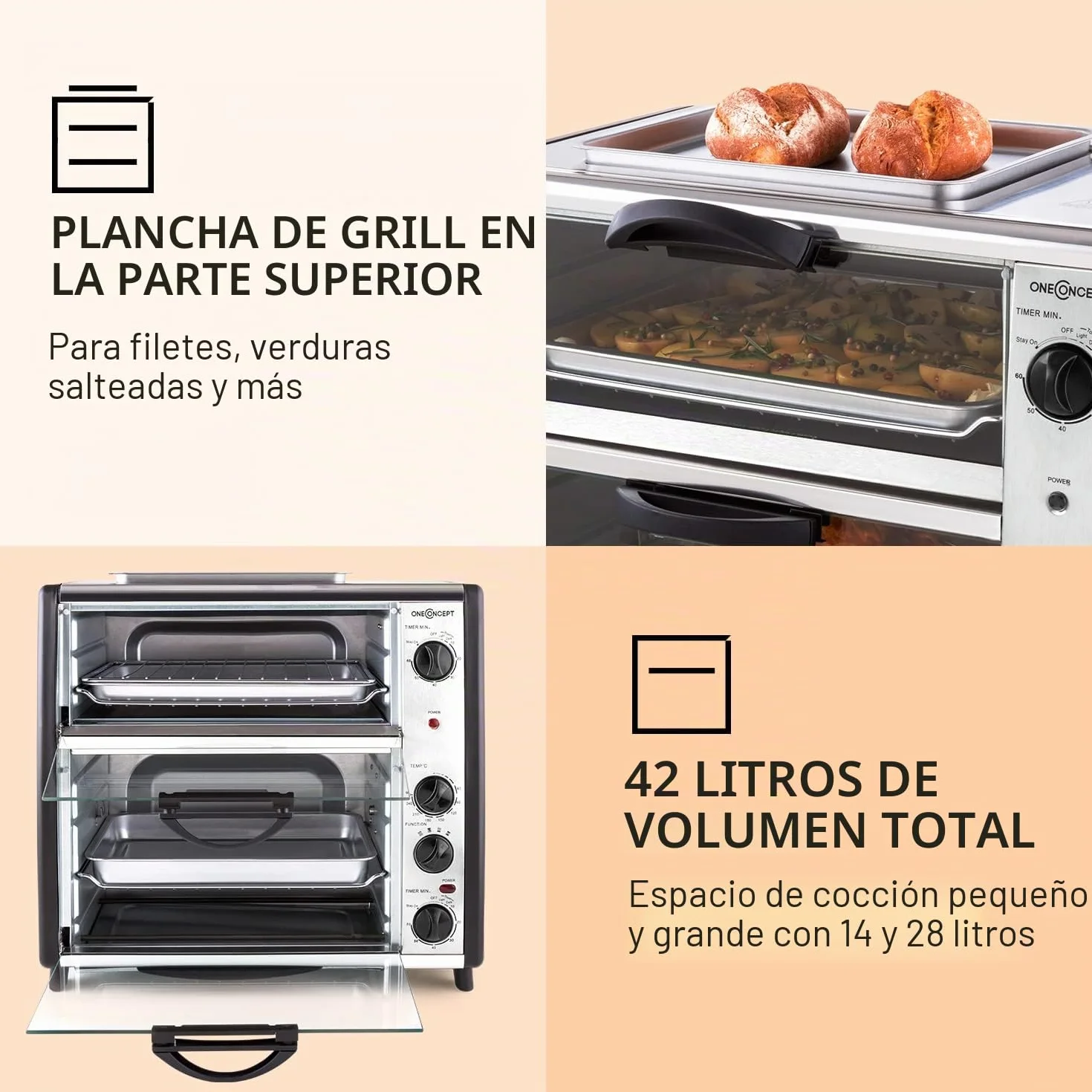 oneConcept All-You-Can-Eat Horno eléctrico doble - 2 cámaras de cocción, Parrilla superior, Capacidad Total 42 L, 2400 W, Temperatura: 60-240°C, Temporizador, Acero inoxidable, Plateado