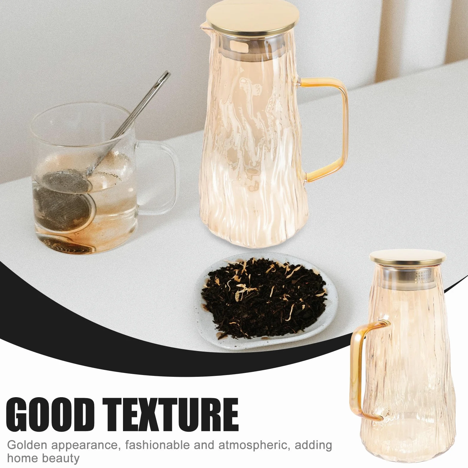 Mipcase Jarra de Agua de Cristal Engrosada para Té E Infusor de Frutas, Resistente a Altas y Bajas Temperaturas, Capacidad Adecuado para Nevera, Color Dorado, Diseño Seguro y Versátil