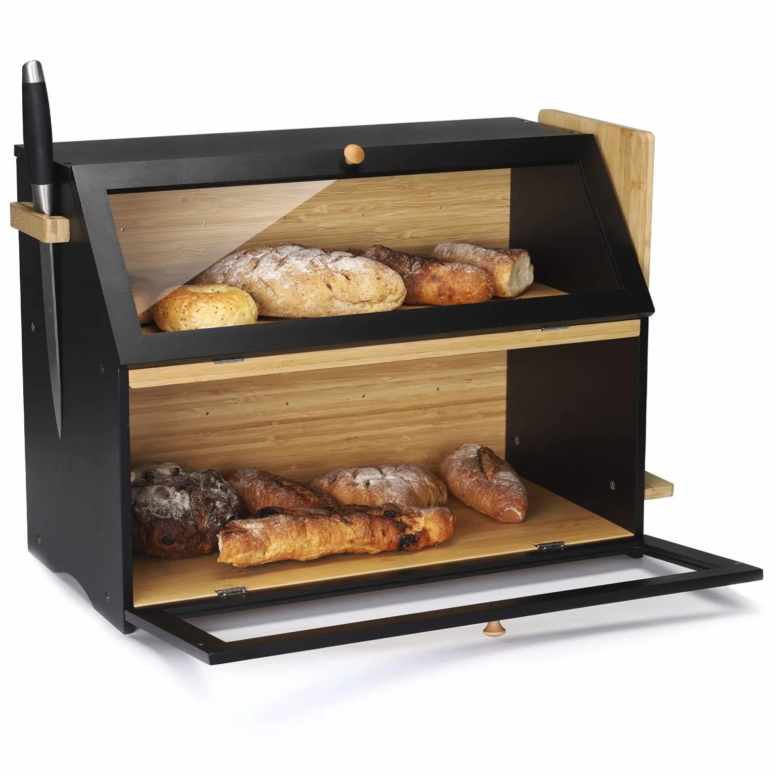 Leader Accessories Caja de Pan de Bambú de 2 Niveles, Recipiente de Pan con Tapa Frontal de Solapa, Botellas de Verduras y Especias del Gabinete de Pan, etc., 50 * 37 * 25 cm, Negro