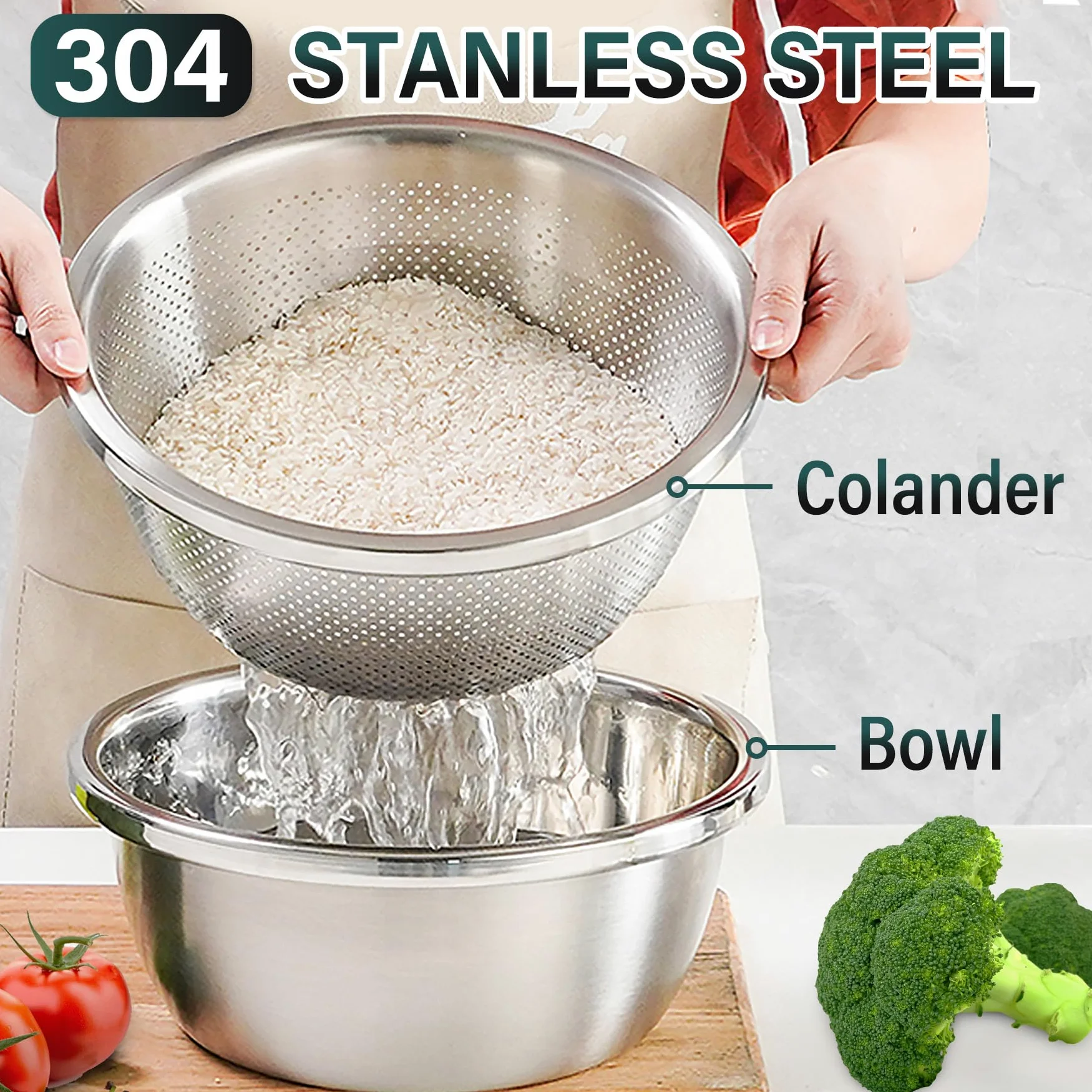 Juego de colador de Alimentos de colador de Colas de Lavado de arroz - 304 colador microporoso de Acero Inoxidable con tazón de Mezcla para drenar Fruta, Pasta, Espagueti - 2 -Qt