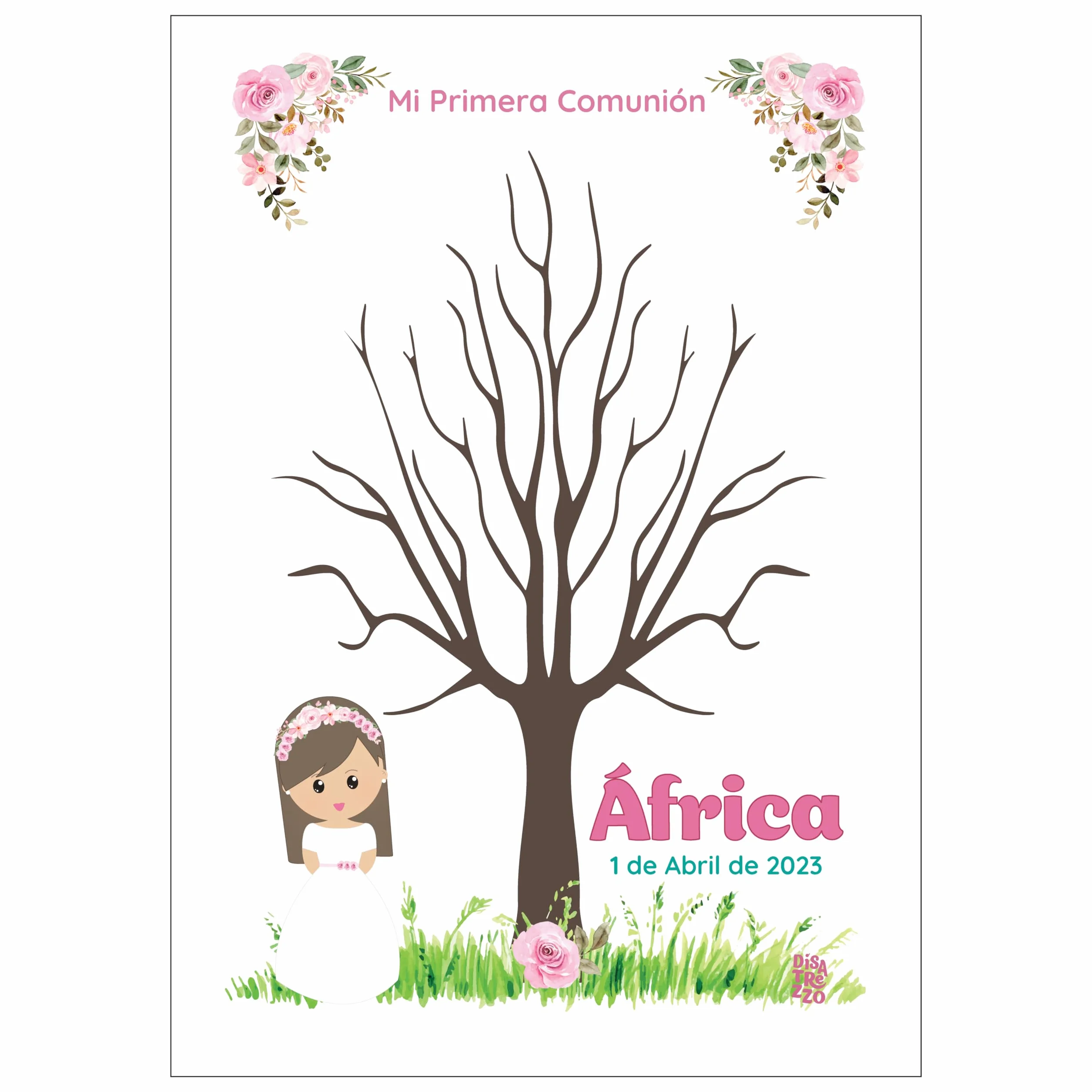Disatrezzo - Árbol de Huellas Personalizado para Comunión Niña– Kit Completo con Marco, Tintas, Bolígrafo, Instrucciones, Caballete y Banderín Mi Primera Comunión. Libro de Firmas y Dedicatorias.