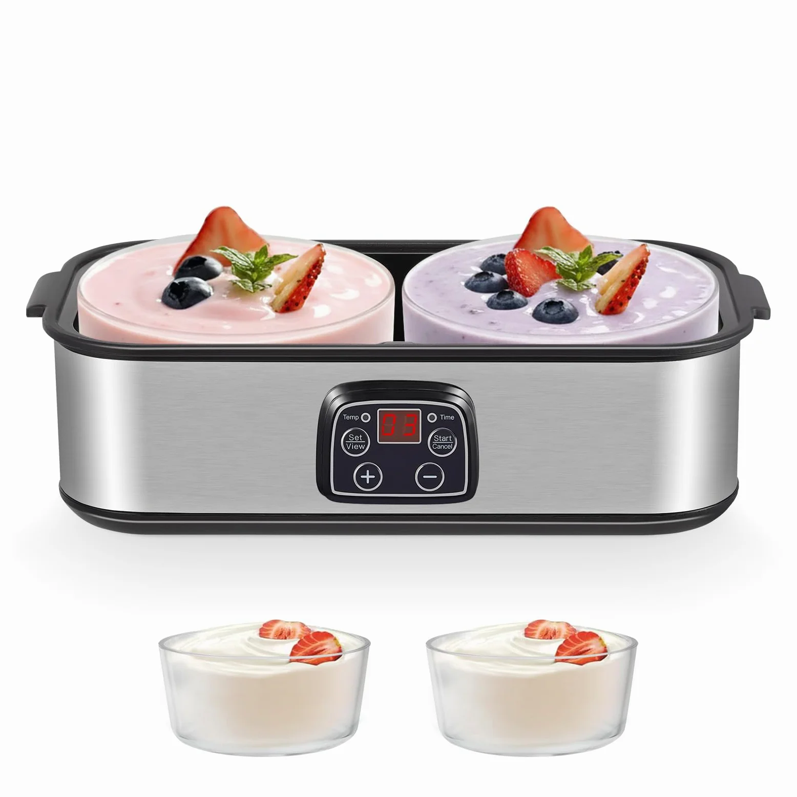 Yogurtera con pantalla LED y 2 recipientes de cristal de 1000 ml, con temperatura ajustable y temporizador, para yogurt, queso, natto, postres saludables
