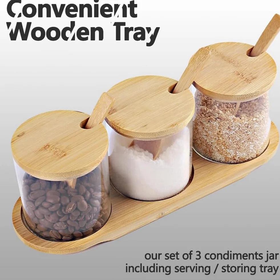 Contenedor de Condimentos de Bambú con Tapa y Cuchara. Juego de Caja para Condimentos, Utilizado para Almacenar Condimentos, Sal y Azúcar.