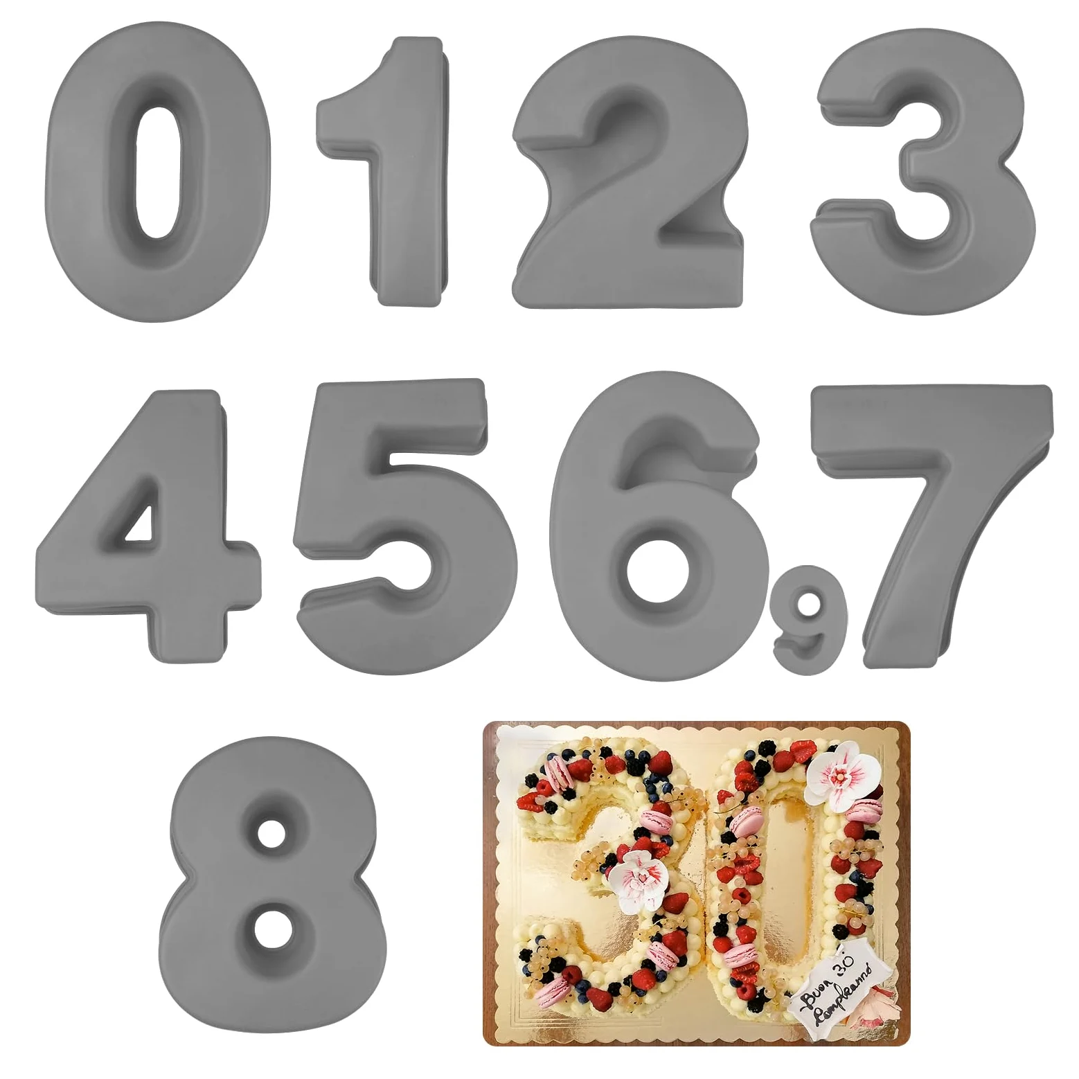 9 Piezas Espesado Silicona Molde Números Tarta 25cm 3D Grandes 10 Pulgadas Para Tartas De Cumpleaños Bodas Fiestas Aniversarios