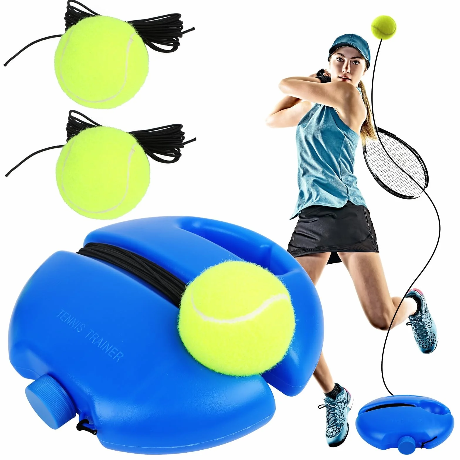 AKONE Juego de entrenamiento de tenis, tabla de base con 3 pelotas de tenis con alambre, herramienta de entrenamiento para entrenamiento de tenis, equipo de entrenamiento de tenis para exteriores,