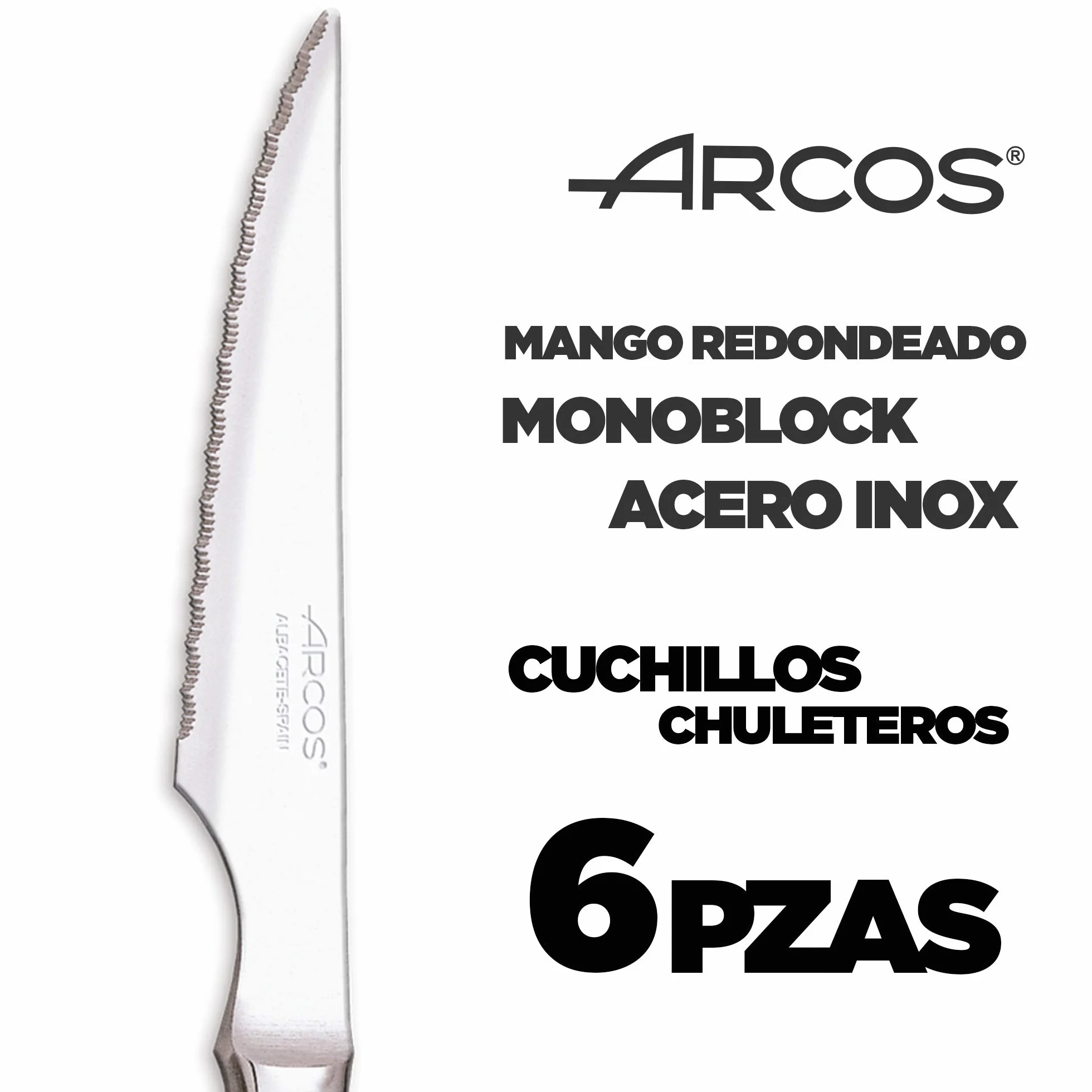Arcos Juego Cuchillos Carne | 6 Piezas | Cuchillos carne cuchillo chuleteros | cubiertos acero inoxidable | Hoja 110 mm | mango monobloque | aptos lavavajillas | Caja Envase Ecológico