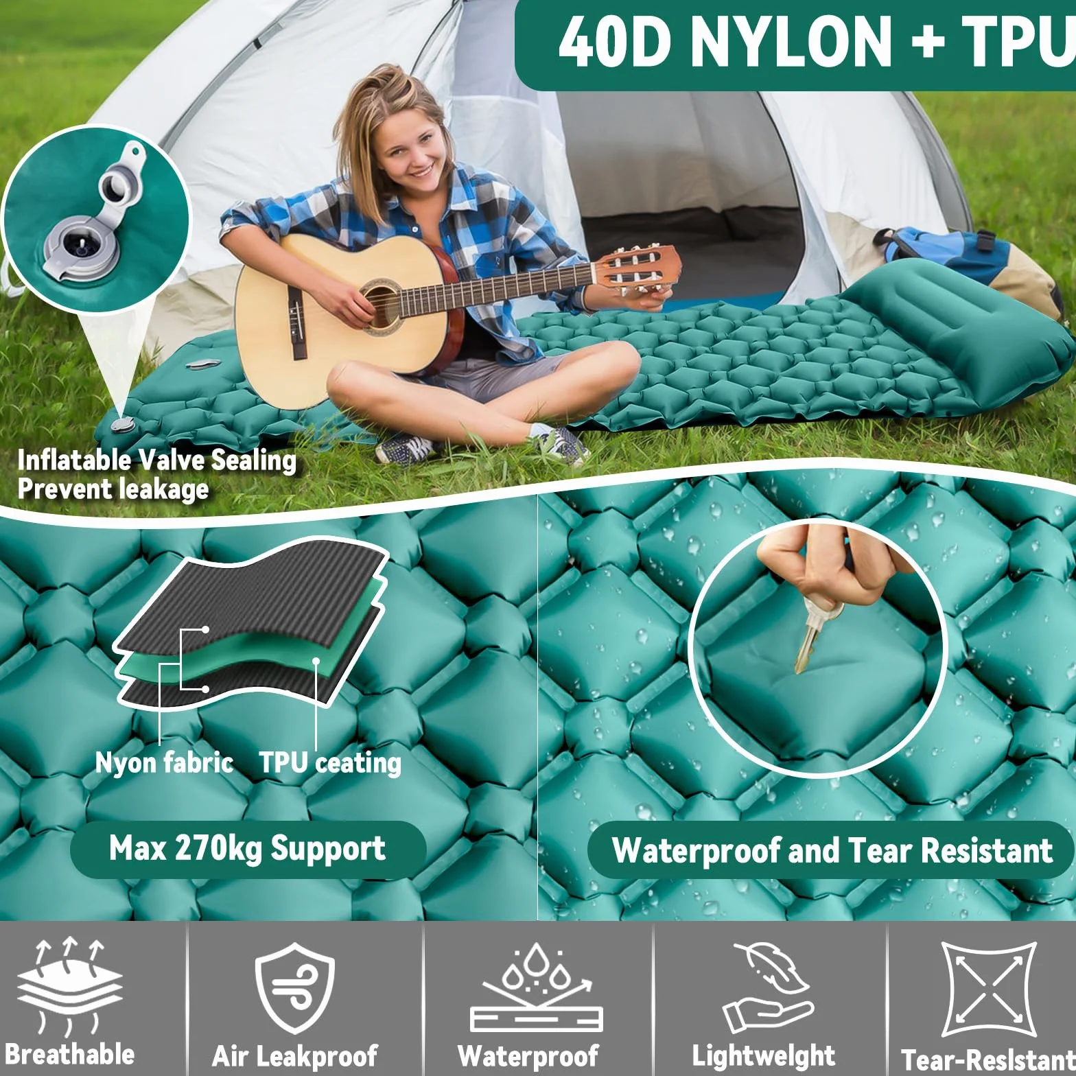 Colchoneta Camping Autoinflable Individual con Bomba de Pie y Almohada, Colchón de Aire Ultraligero Compacto