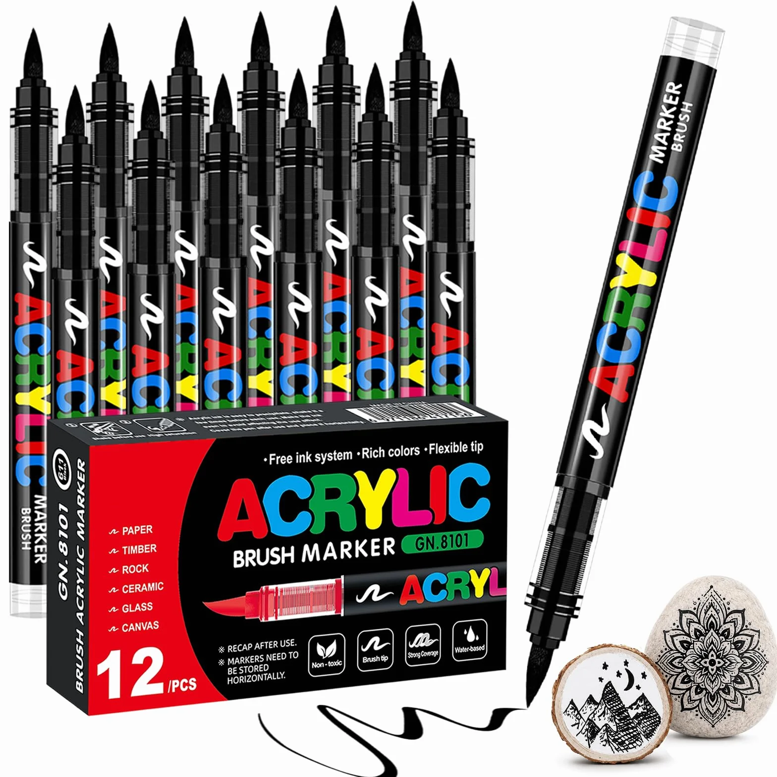 VAKKI 12 PCS Negro Rotuladores Acrilicos, 1-6mm rotulador permanente negro, rotuladores permanentes Marcadores AcríLicos Para Colorear, Piedra, CaligrafíA, Madera, Lienzo, Vidrio, CeráMica
