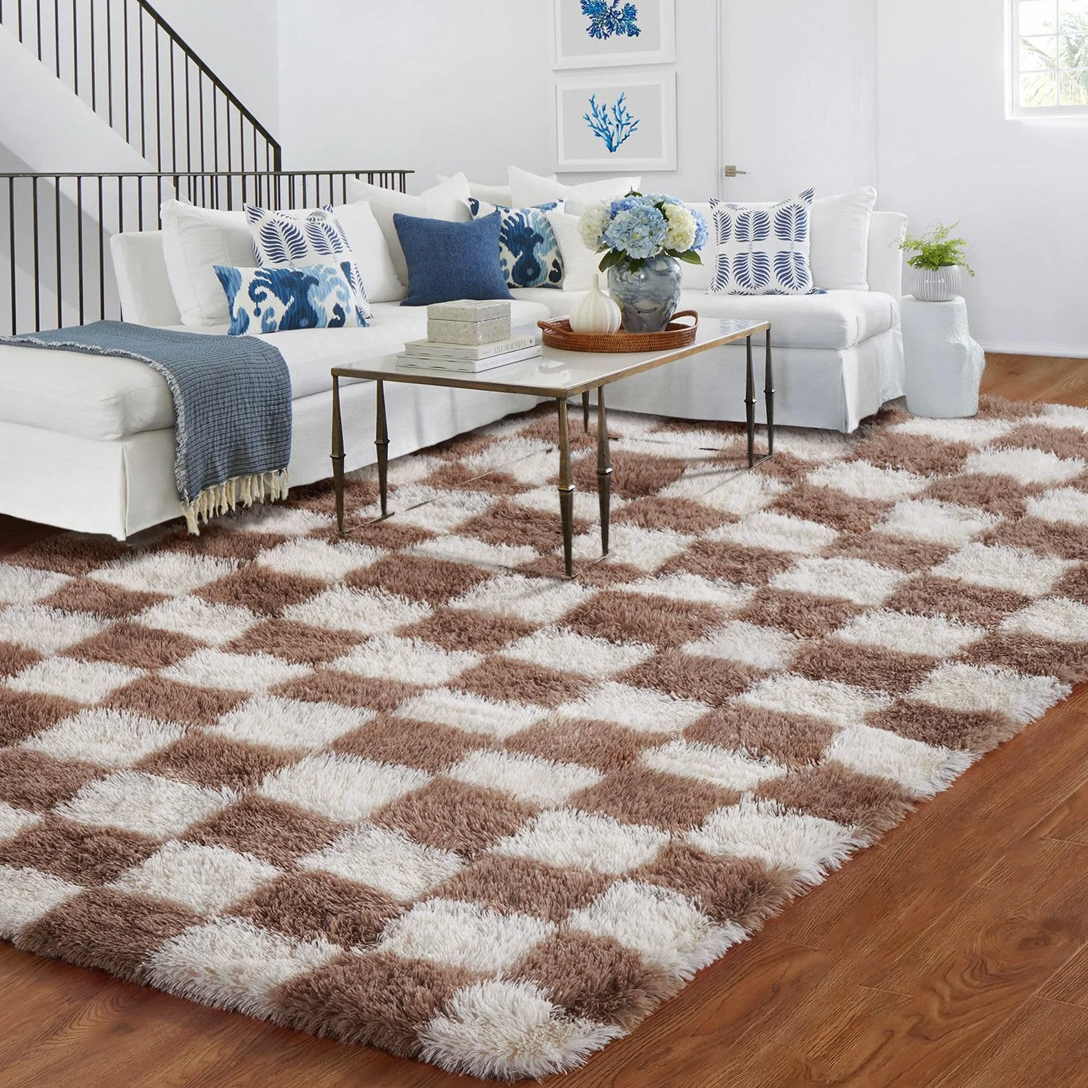 Alfombras de cuadros para dormitorio, 150x210cm, marrón y blanco, suave, alfombra grande para sala de estar, niños y niñas, jóvenes, dormitorio, pelo alto, esponjosa, larga, pasillo