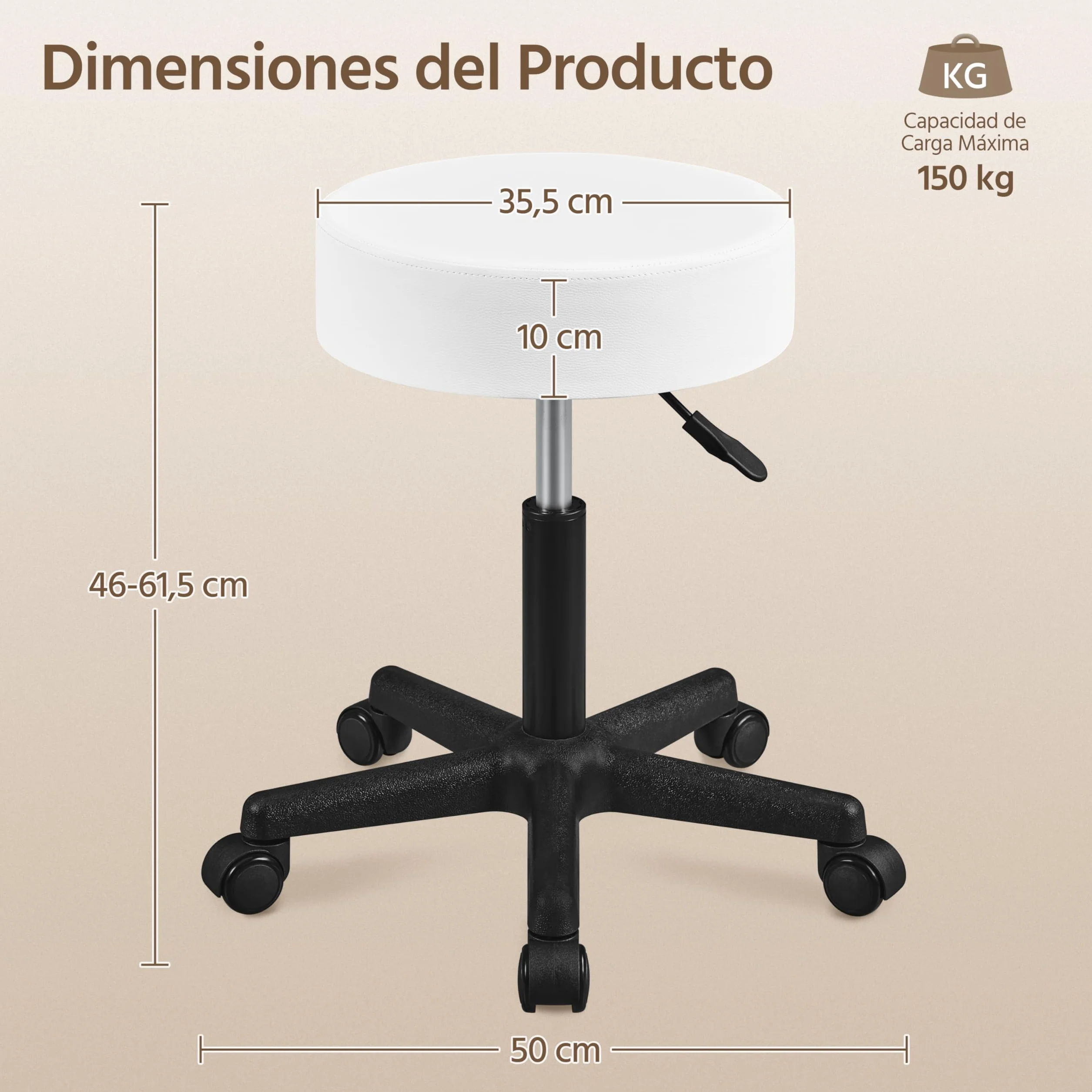 Yaheetech Taburete Giratorio sobre Ruedas, Taburete Rodante Regulable, 46-61.5 cm,Asiento Tapizado de Polipiel Sintético,para Hogar Oficina,Estudio,Tatuajes Salón,Masajes Centro,Belleza,Blanco