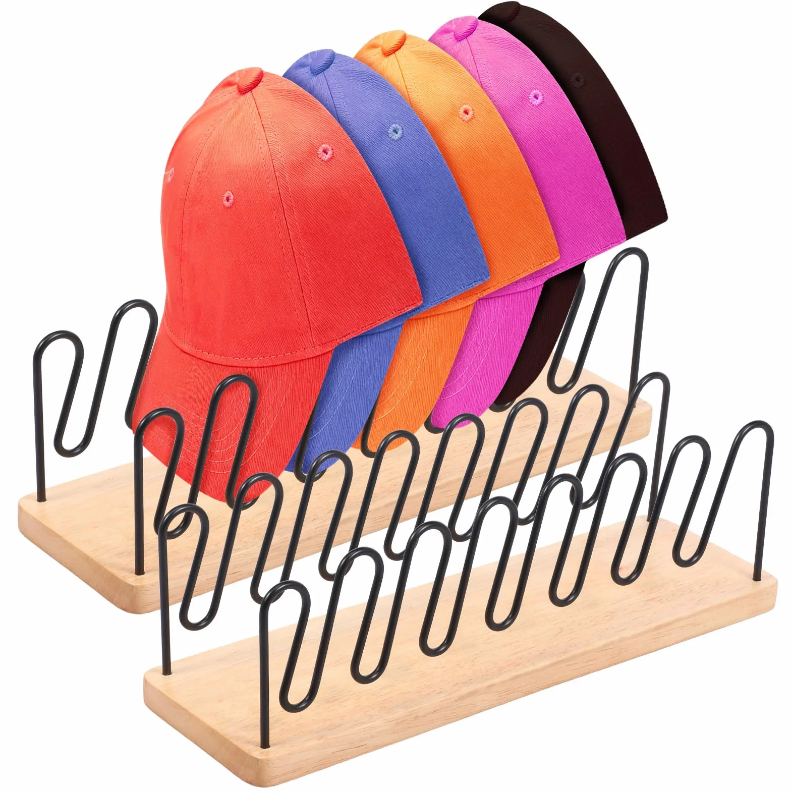 Organizador de sombreros 2 piezas para 14 gorras de béisbol, bandeja de madera maciza y metal, sin instalación