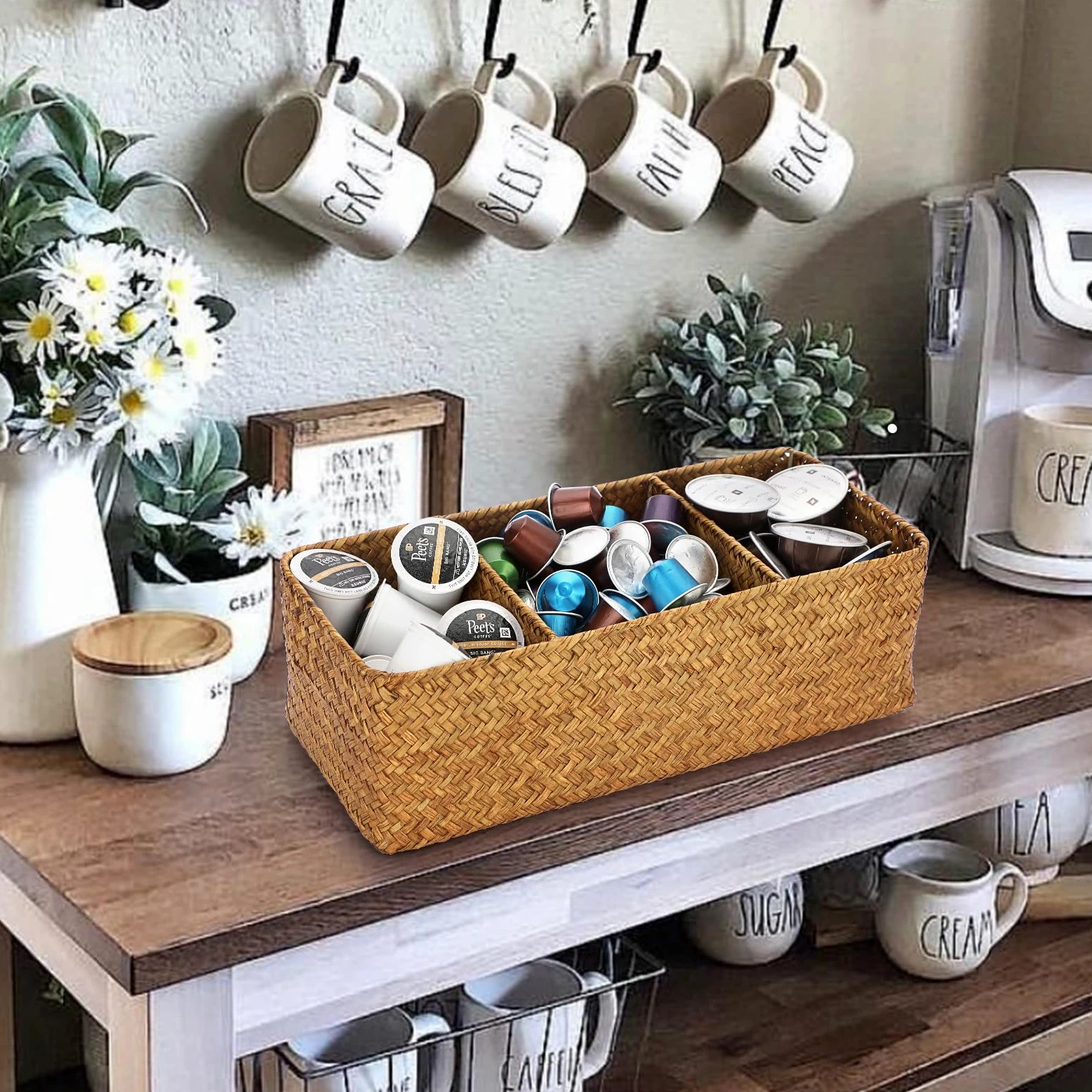 ELLDOO Cesta de almacenamiento tejida de mimbre de mimbre de hierba marina, organizador de cápsulas de café de gran capacidad para cápsulas K Cup Nespresso, caja de almacenamiento de hierba marina de