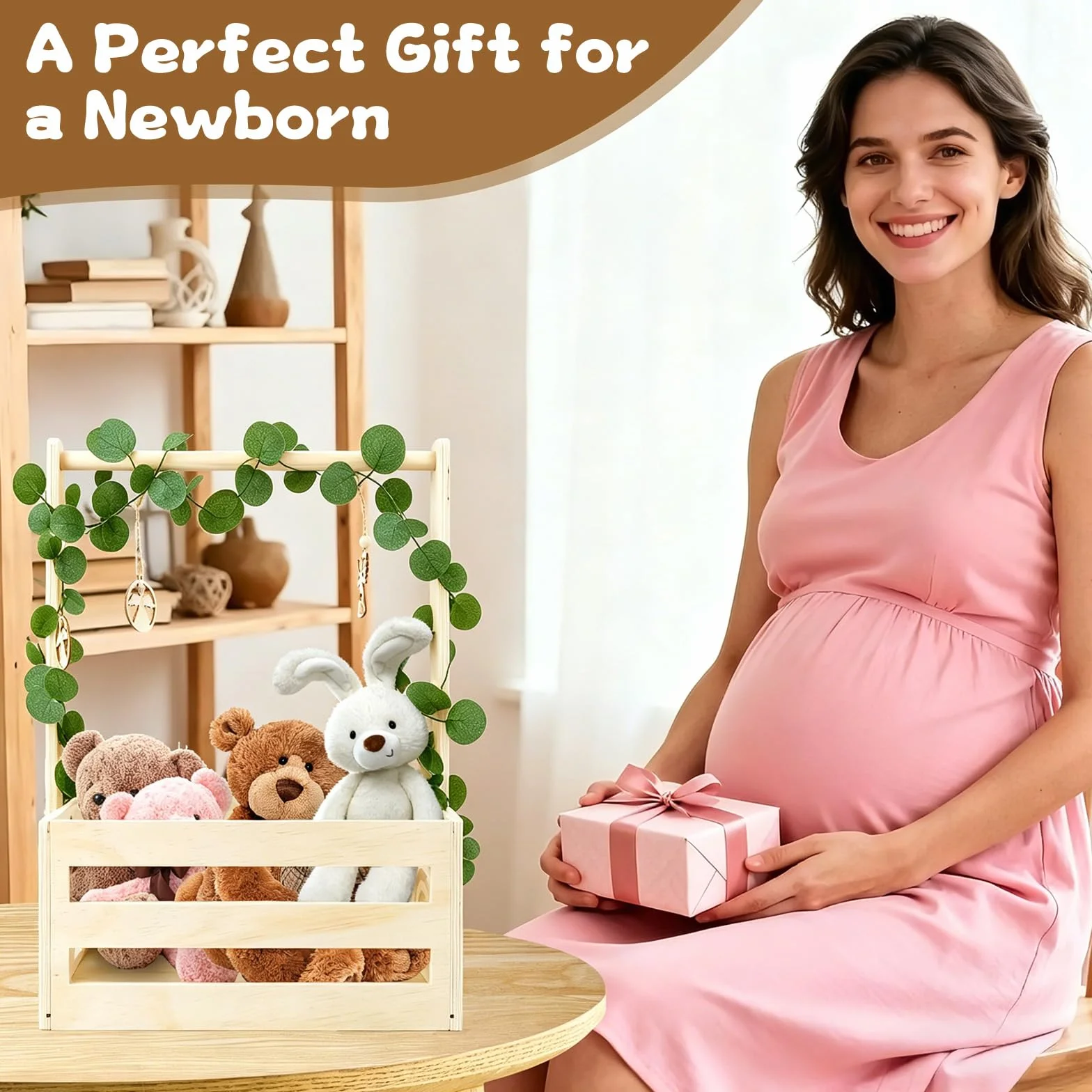 Cesta de Madera para Bebé con Asa, Regalo Baby Shower, Armario Práctico