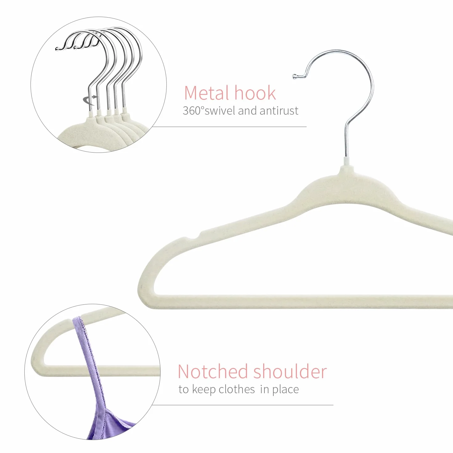 Perchas de Terciopelo para Ropa de Bebé con Gancho Giratorio, Diseño de Hombros con Muescas, Paquete de 30, Crema