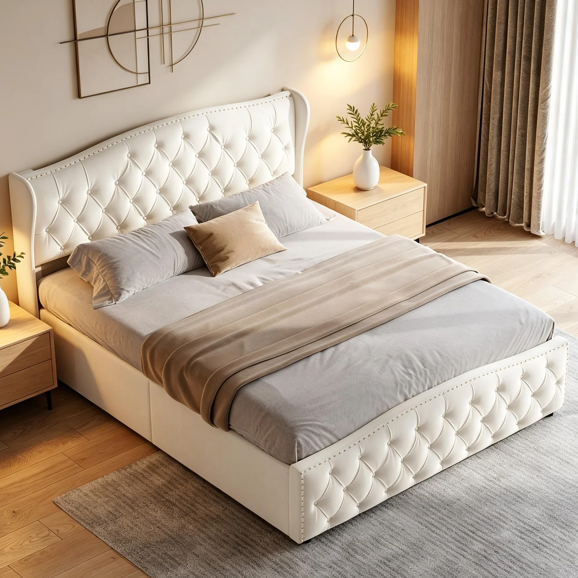Cama Acolchada de 160 × 200, Cama Doble, Acolchado con Almacenamiento de Cama con somier de tablón, Marco de Cama con Almacenamiento de Maletero (Blanco Roto, Velours-3, 160 × 200