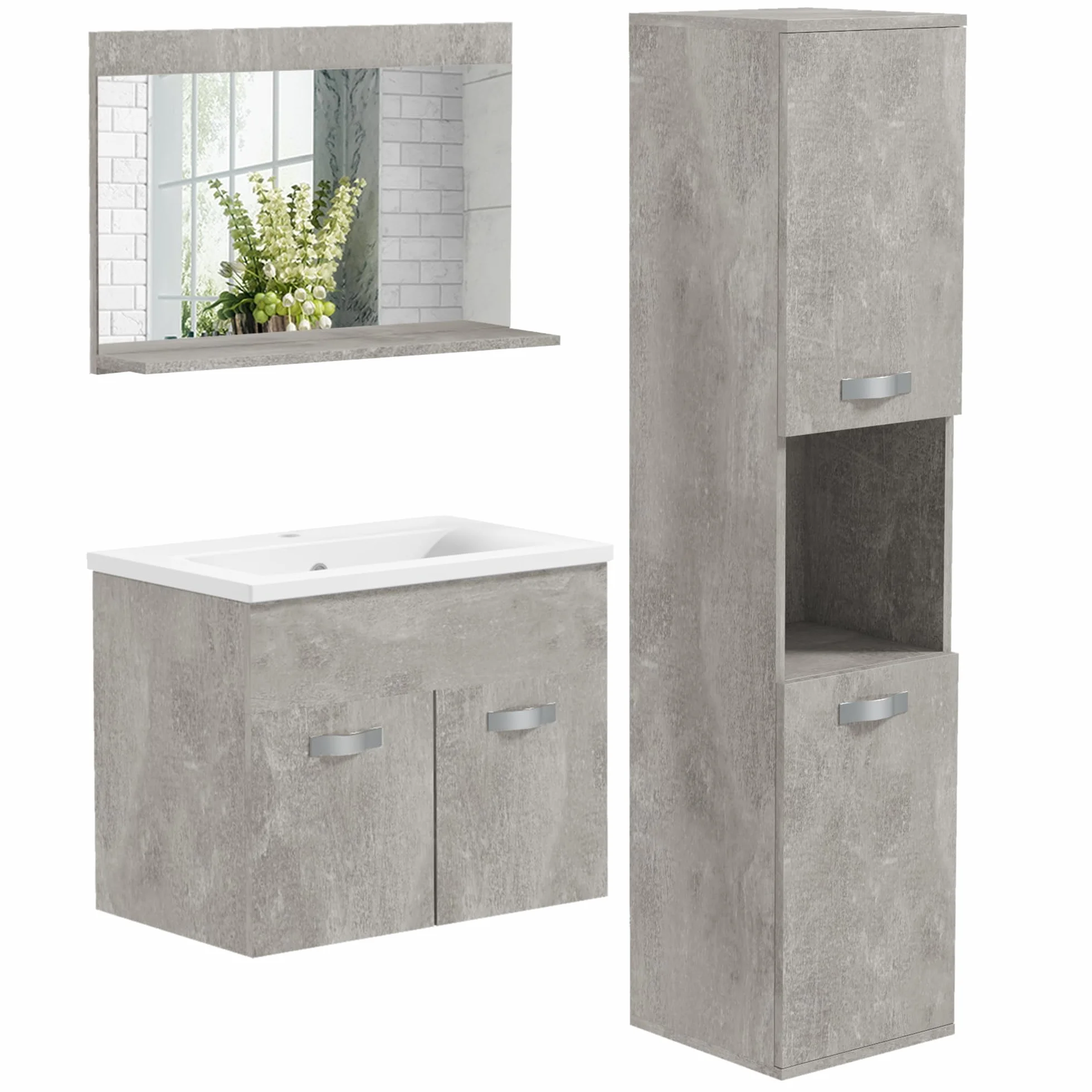 kleankin Conjunto de Muebles de Baño de Pared de 3 Piezas, Incluye Espejo, Mueble de Baño con Lavabo Cerámico, Armario Alto con Estantes Ajustables, Estilo Moderno, Gris