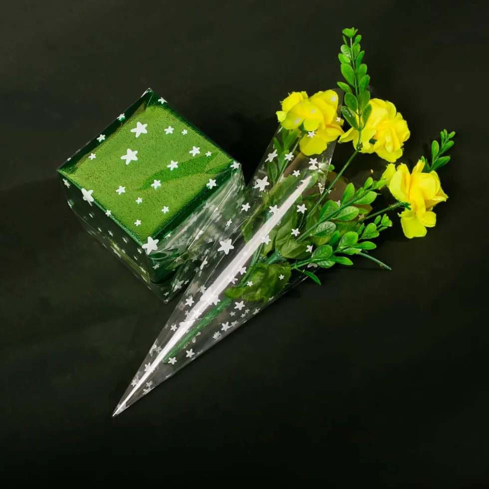 Rollo de embalaje de papel de vidrio plegable de doble capa de 20m × 84cm, Rollo de celofán transparente para envolver cestas, alimentos, regalos de cumpleaños, flores y manualidades (estrella)