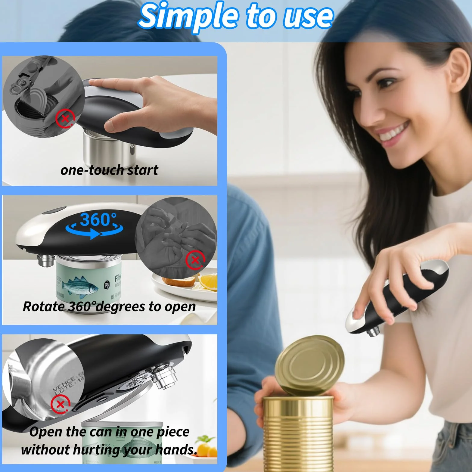 Abrelatas eléctrico, abridor de tarros eléctrico recargable por USB, dispositivo de cocina, funcionamiento automático de un solo toque, abrelatas a pilas con borde liso para personas mayores