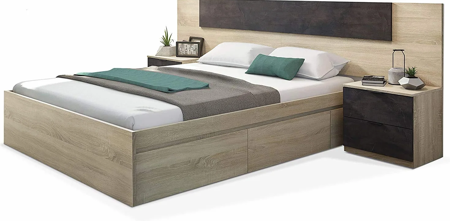 Mobelcenter – Cabezal y 2 Mesitas de Noche – Cabecero Matrimonio y 2 Mesitas de Noche – Color Roble Canadian y Óxido - Medidas: Ancho: 247 cm x Fondo: 38 cm x Alto: 95 cm - (1093)