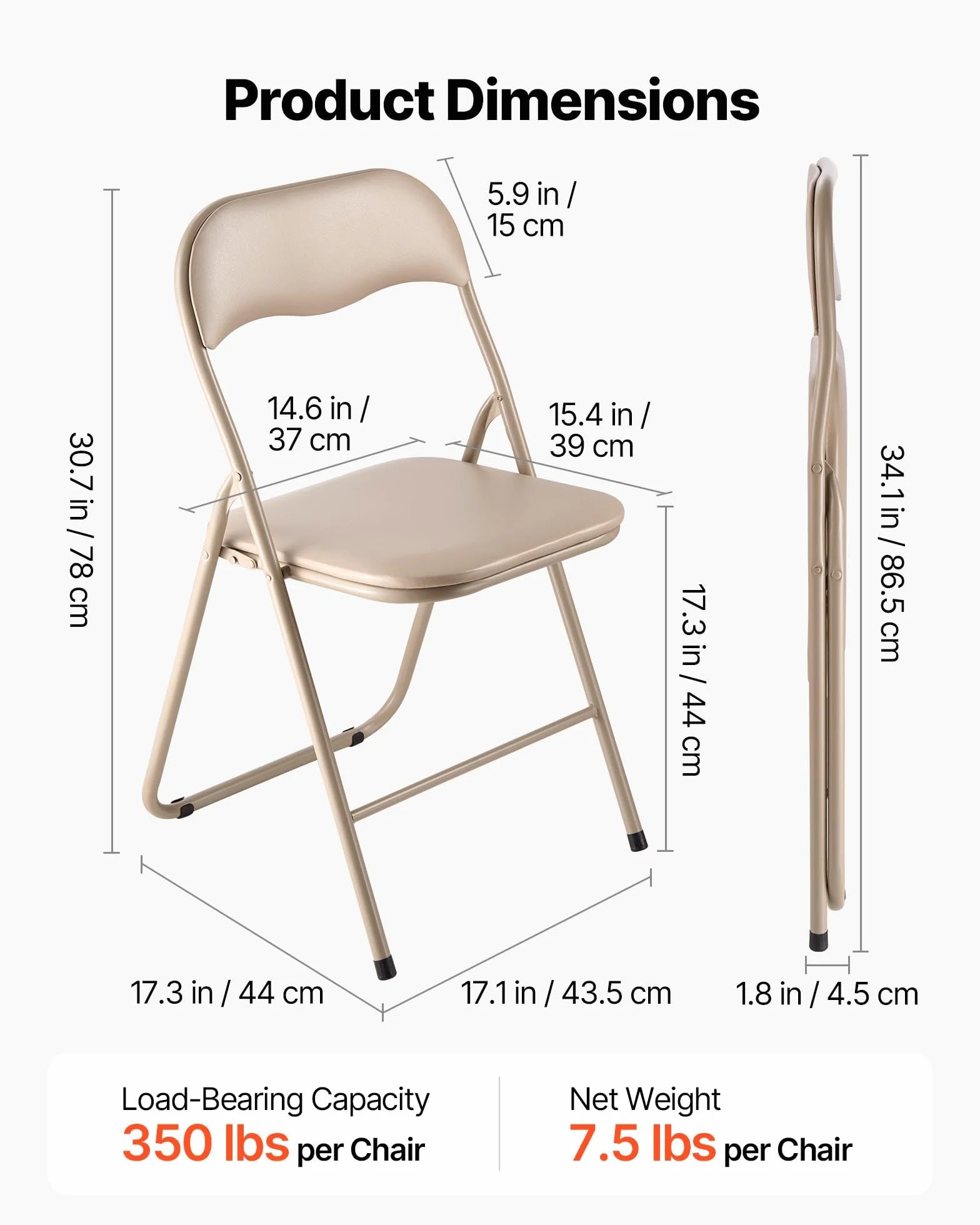 VEVOR 4 PCS Sillas Plegables, Sillas Plegables Apilables Portátiles de Cuero con Estructura de Metal Resistente y Cojín Acolchado, Carga de 158 kg para el Hogar, Jardín, Fiestas y Eventos, Caqui