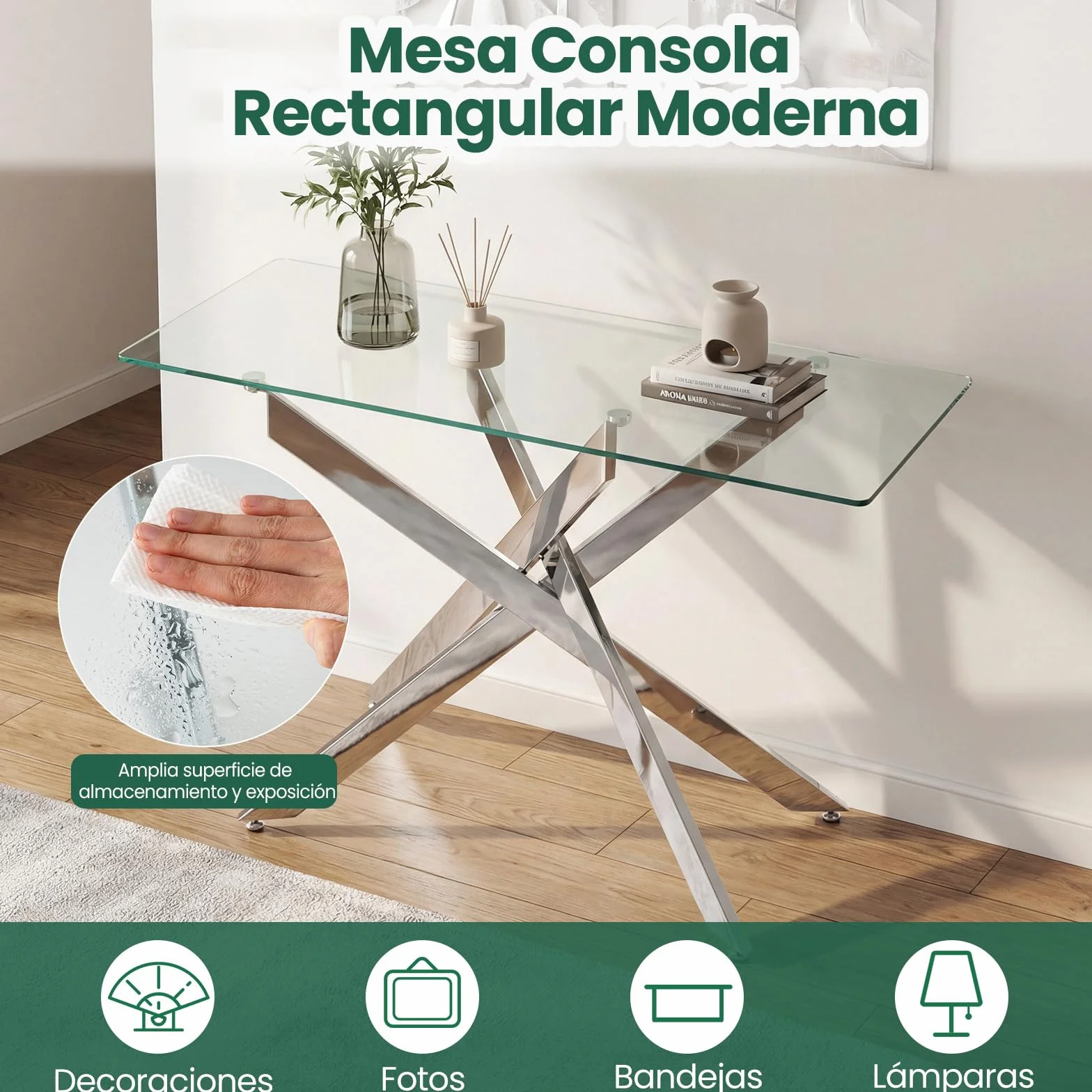 COSTWAY Mesa Consola de Cristal, Mesa de Entrada con Tablero de Cristal Templado y Patas Tubulares de Metal, Mesita Ayxiliar para Salón Pasillo Entrada, 115 x 45 x 78 cm (Plata)