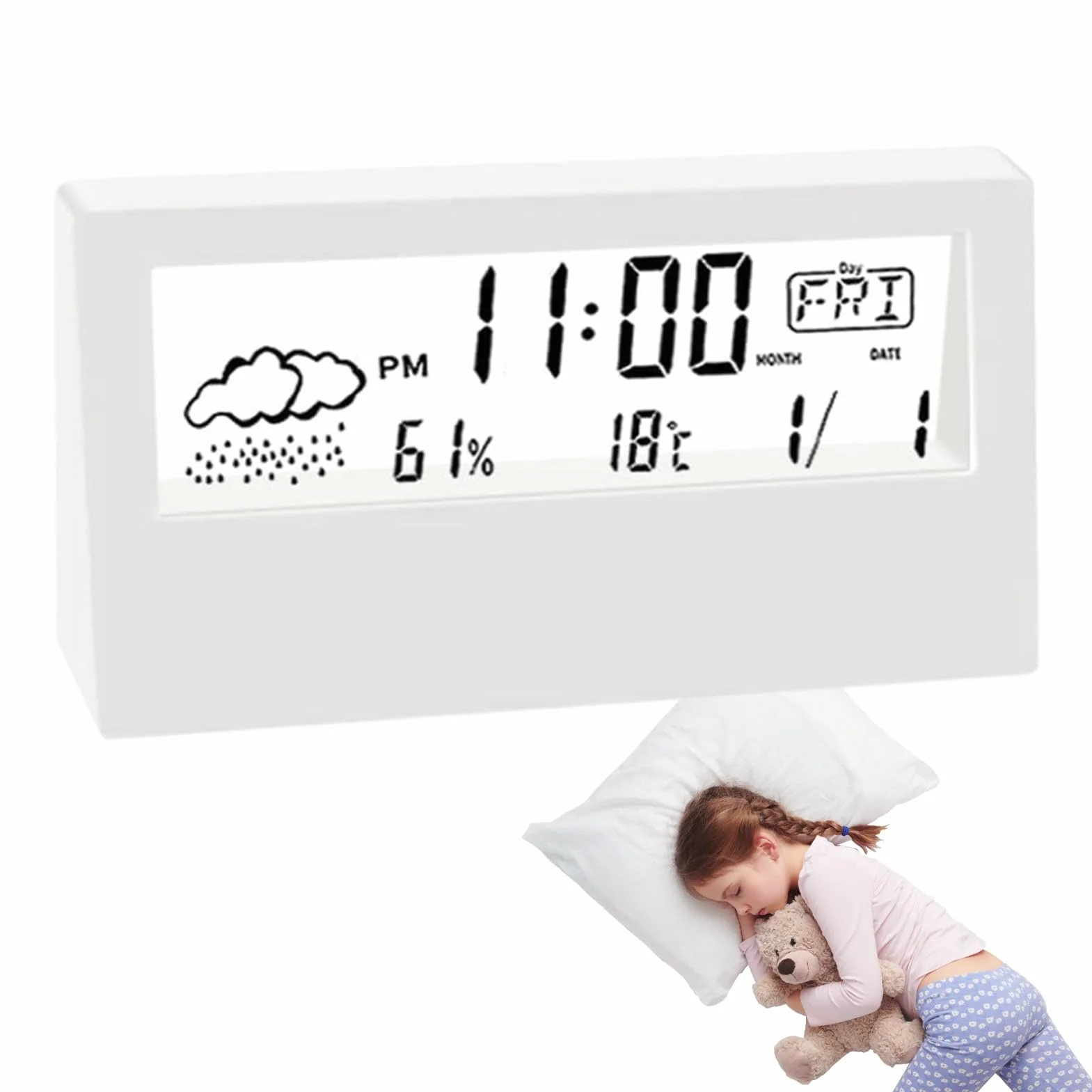 Reloj despertador de mesita de noche, reloj electrónico transparente de escritorio, escritorio digital ABS con pantalla de temperatura y humedad, hora de 12/24 horas, alarma de mesita de noche para