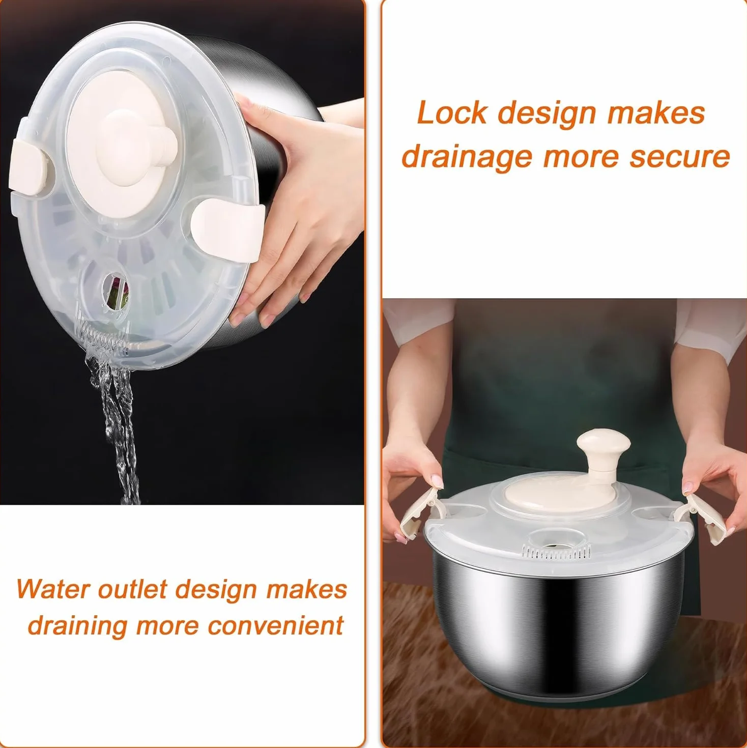 Centrifugador de ensalada de acero inoxidable de 6 L, secador de verduras y lavadora de bayas de grado comercial, diseño de doble capa a prueba de óxido con boquilla de drenaje rápido