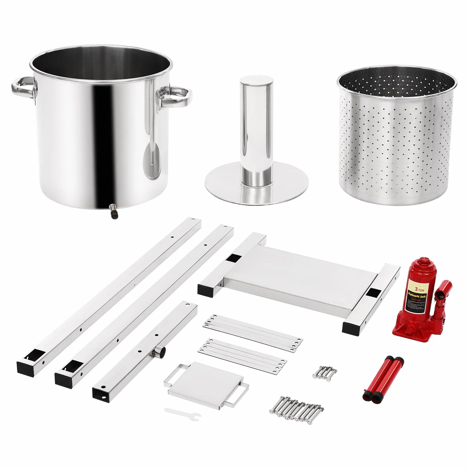 Prensa de frutas de 22 litros, prensa de vino de frutas de presión 3T, exprimidor de acero inoxidable con pala de filtro, soporte, pala exterior y gato hidráulico para prensar verduras, vino, puré