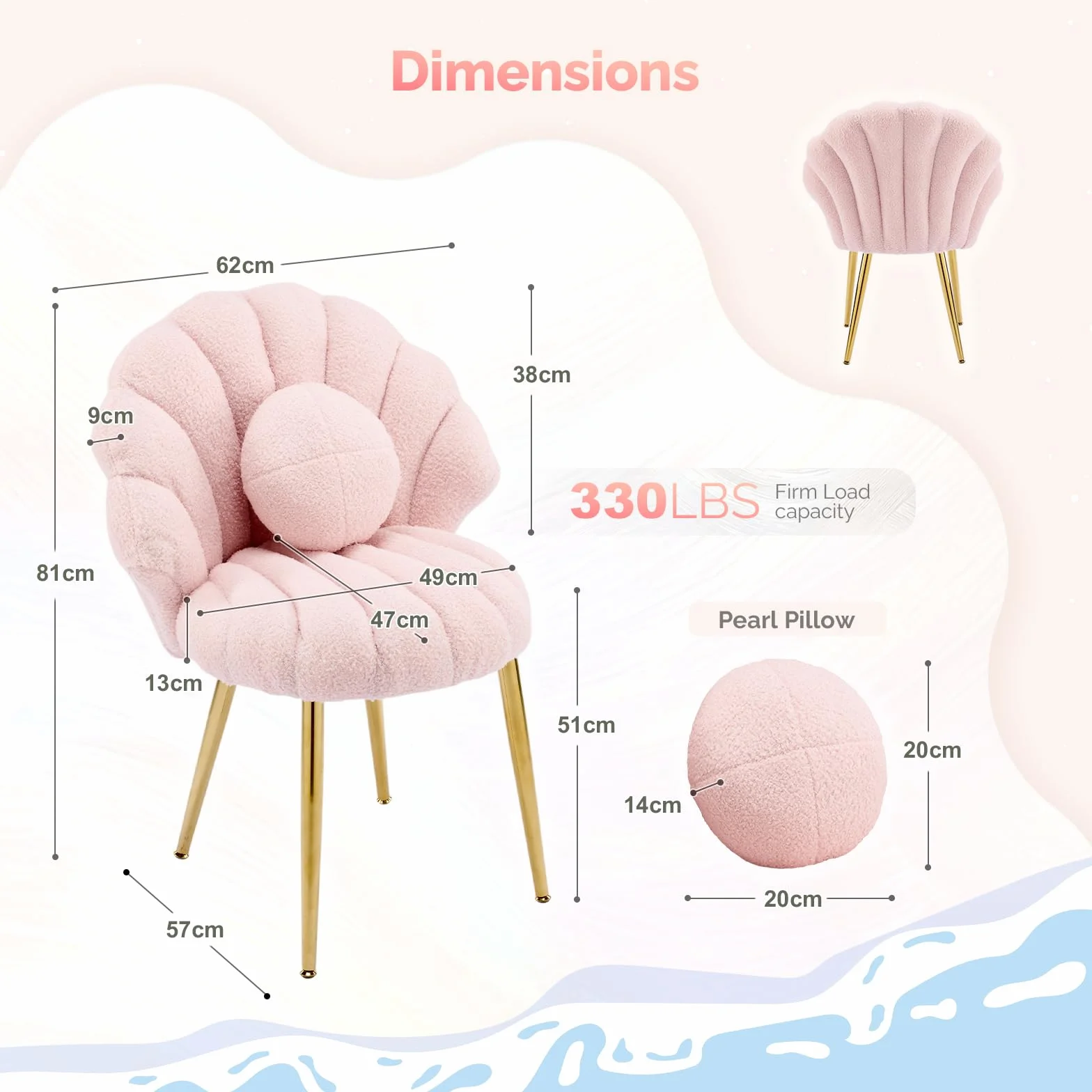 Bonnlo Silla Tocador Maquillaje, Silla Escritorio sin Ruedas de Peluche Sueve, con Respaldo Forma de Concha y Cojín Extraíble, Sillón Comedor Estilo Nórdico con Patas Doradas y Respaldo Redondo, Rosa