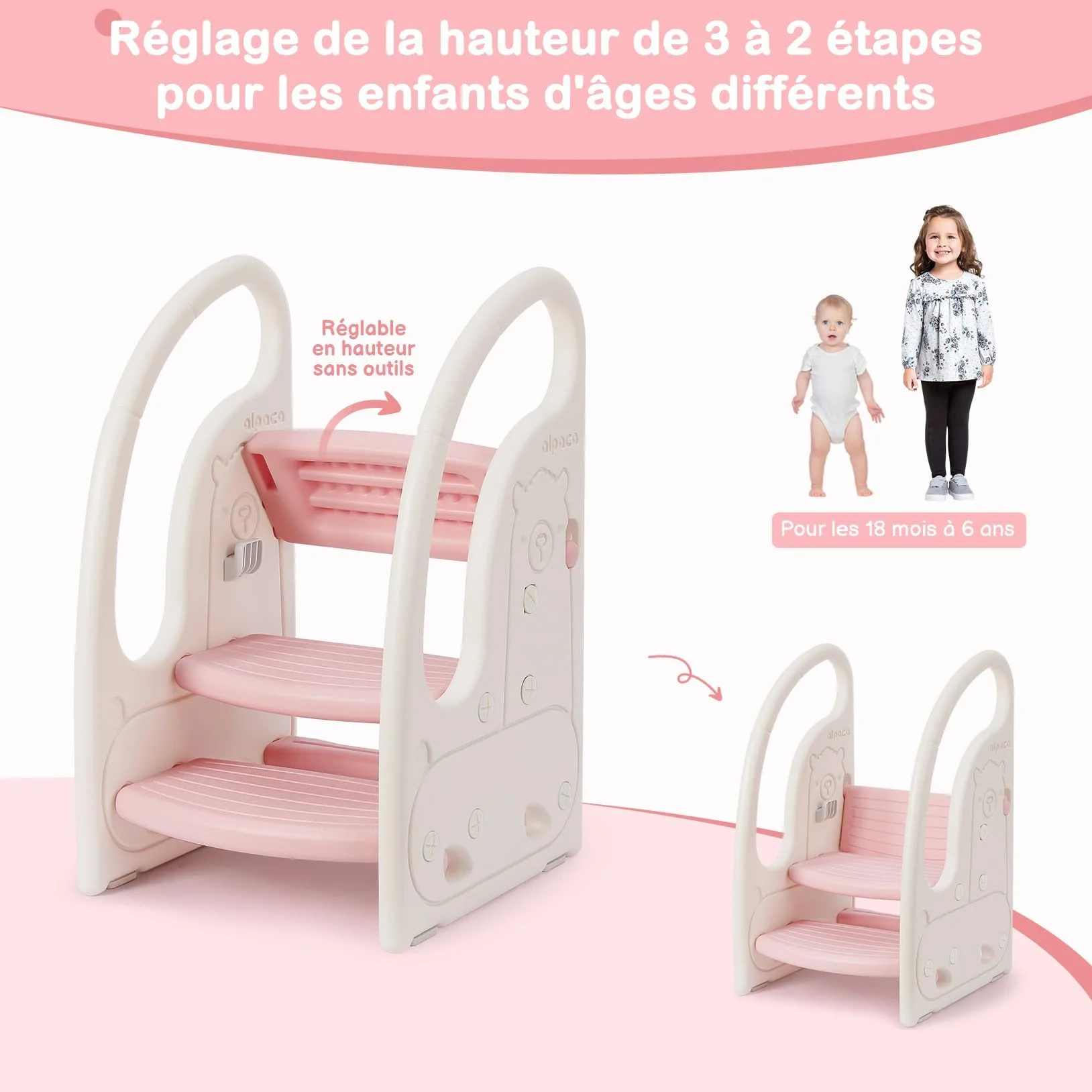 Onasti Taburete Niños 3 Pasos Ajustable Multifunción Antideslizante Rosa
