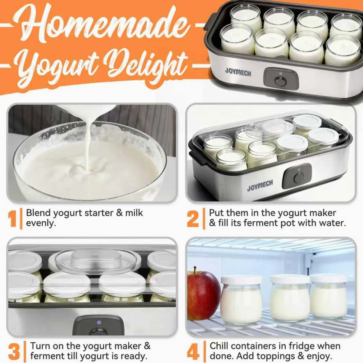 JoyMech Máquina para hacer yogurt, 8 tarros de vidrio con tapas reutilizables para yogur, avena, pudín o gelatina, marcial de grado alimenticio, control de un solo toque, yogur casero