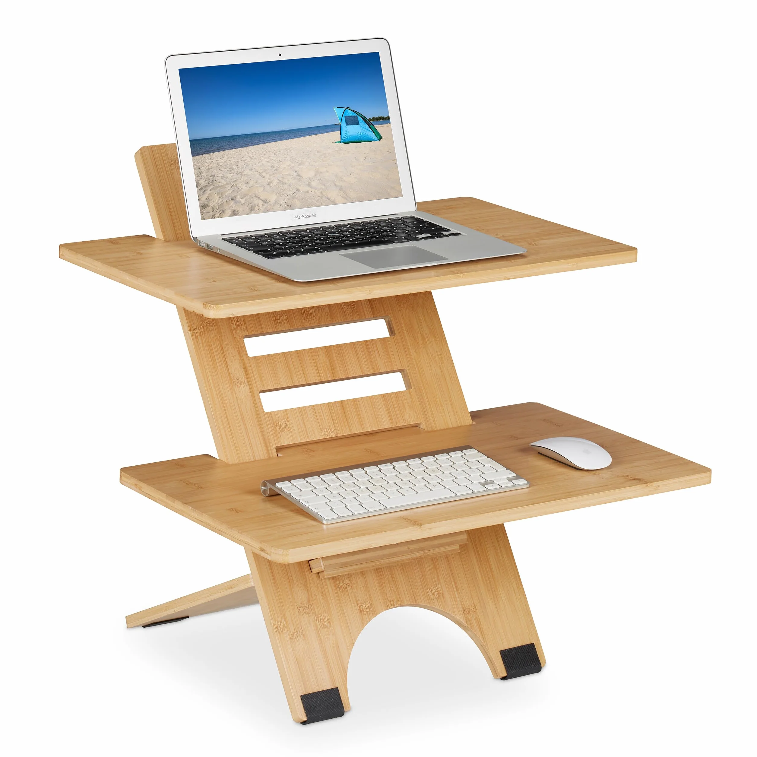 Relaxdays Soporte Ordenador de Pie, Altura Regulable, 2 Baldas, Bambú, Accesorio para Escritorios, Oficina, Natural, 61 x 60 x 61 cm