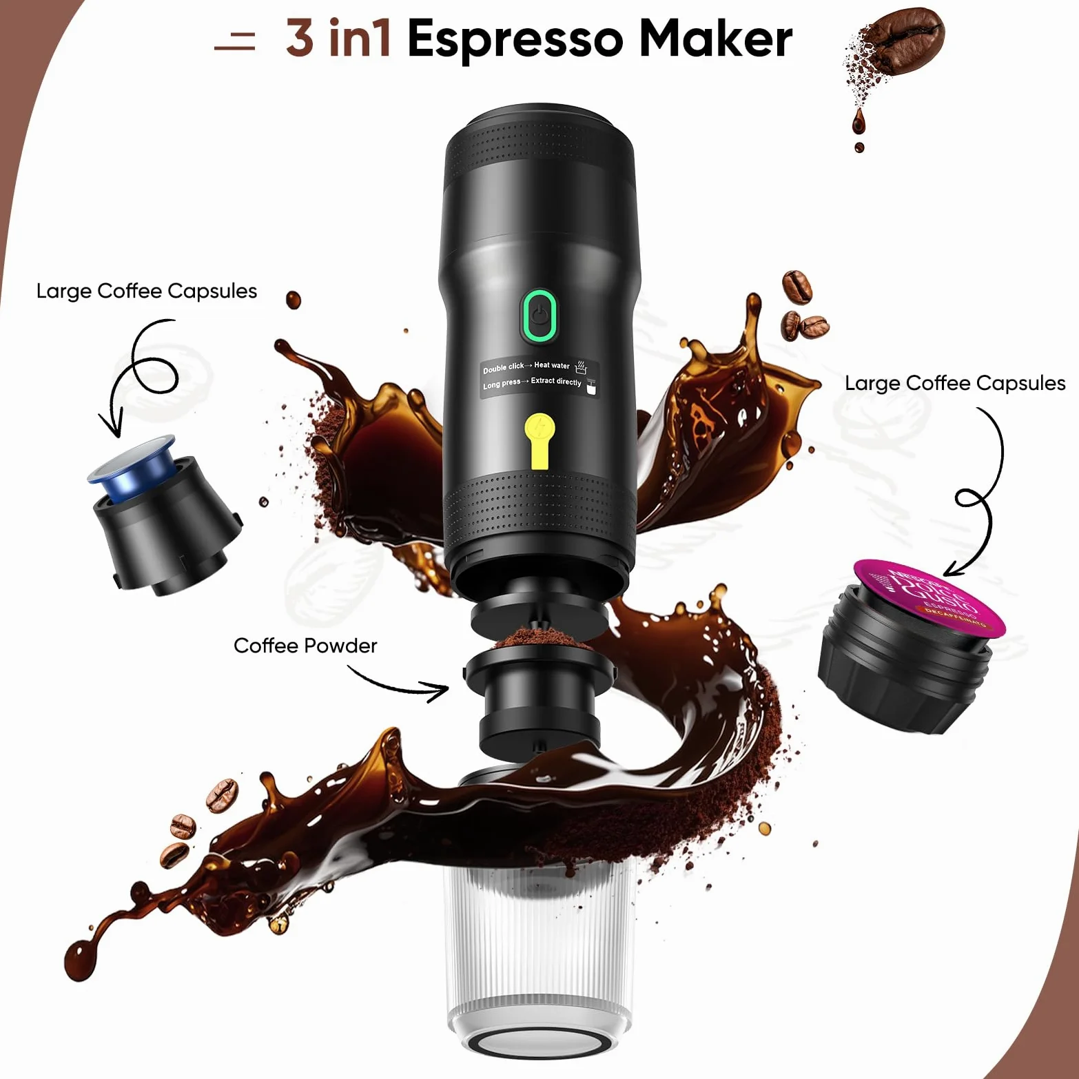 Cafetera espresso eléctrica portátil, autocalentamiento con USB-DC, cafetera de viaje para camping, compatible con cápsulas NS y café molido, cafetera portátil para senderismo, caravana, hogar