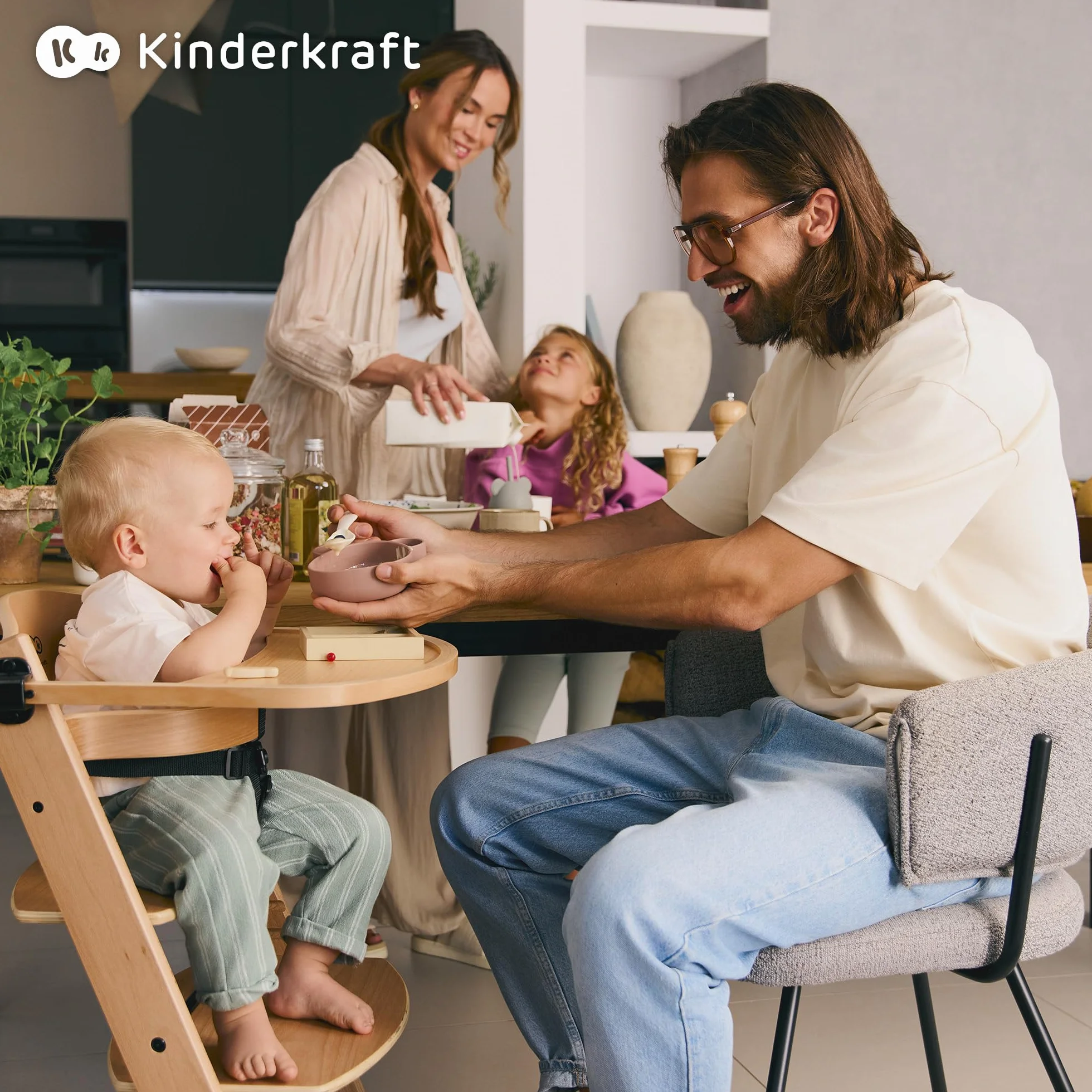 Kinderkraft ENOCK Trona bebé de Madera + Hamaca Bebé CALMEE, Silla alta Infantil Evolutiva Ergonómica, Gris