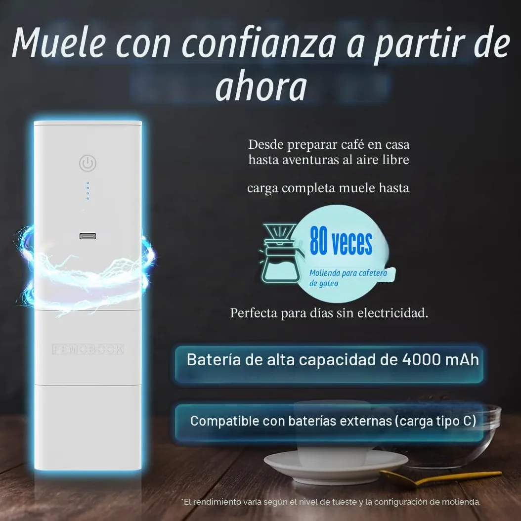 A2 Molinillo de café eléctrico portátil blanco | Molinillo de café inalámbrico recargable por USB, para viajes y preparación en casa