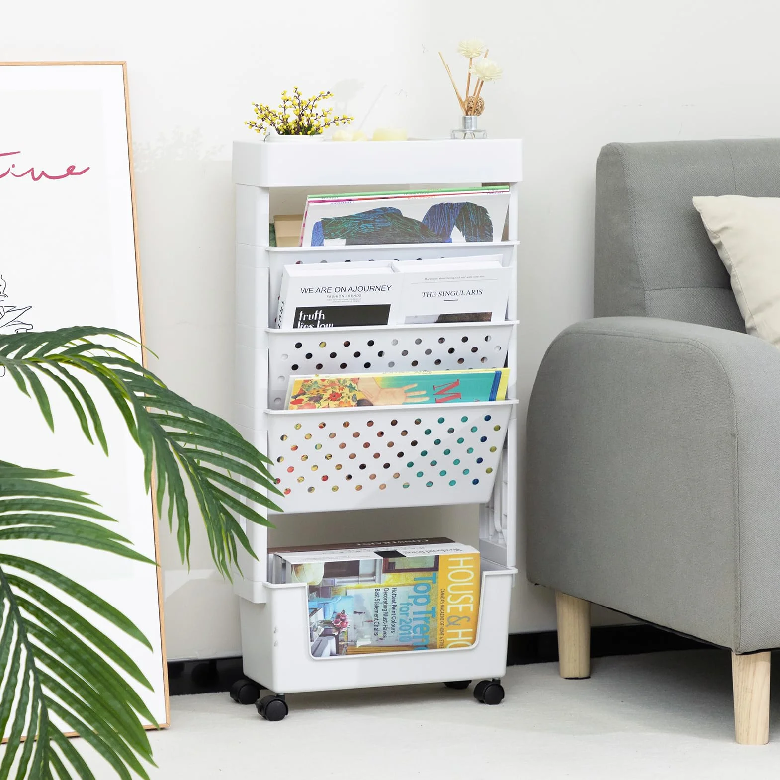 DOEWORKS Estantería Libros con Ruedas Móvil Estantería Carrito Auxiliar 5 Niveles Estante para Libros Pequeño Organizador Escritorio Ruedas Carro de Servicios para Salón Dormitorio Oficina, Blanca