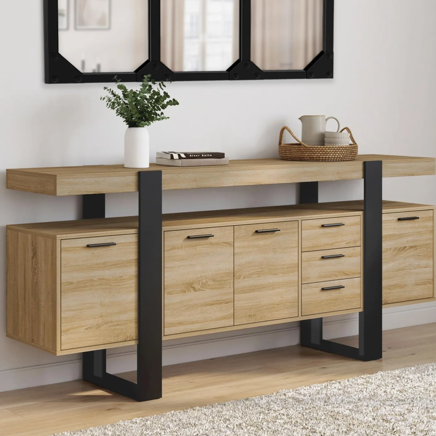 IDMarket Phoenix XXL - Aparador (180 cm, 4 puertas y 3 cajones, madera y negro), color negro