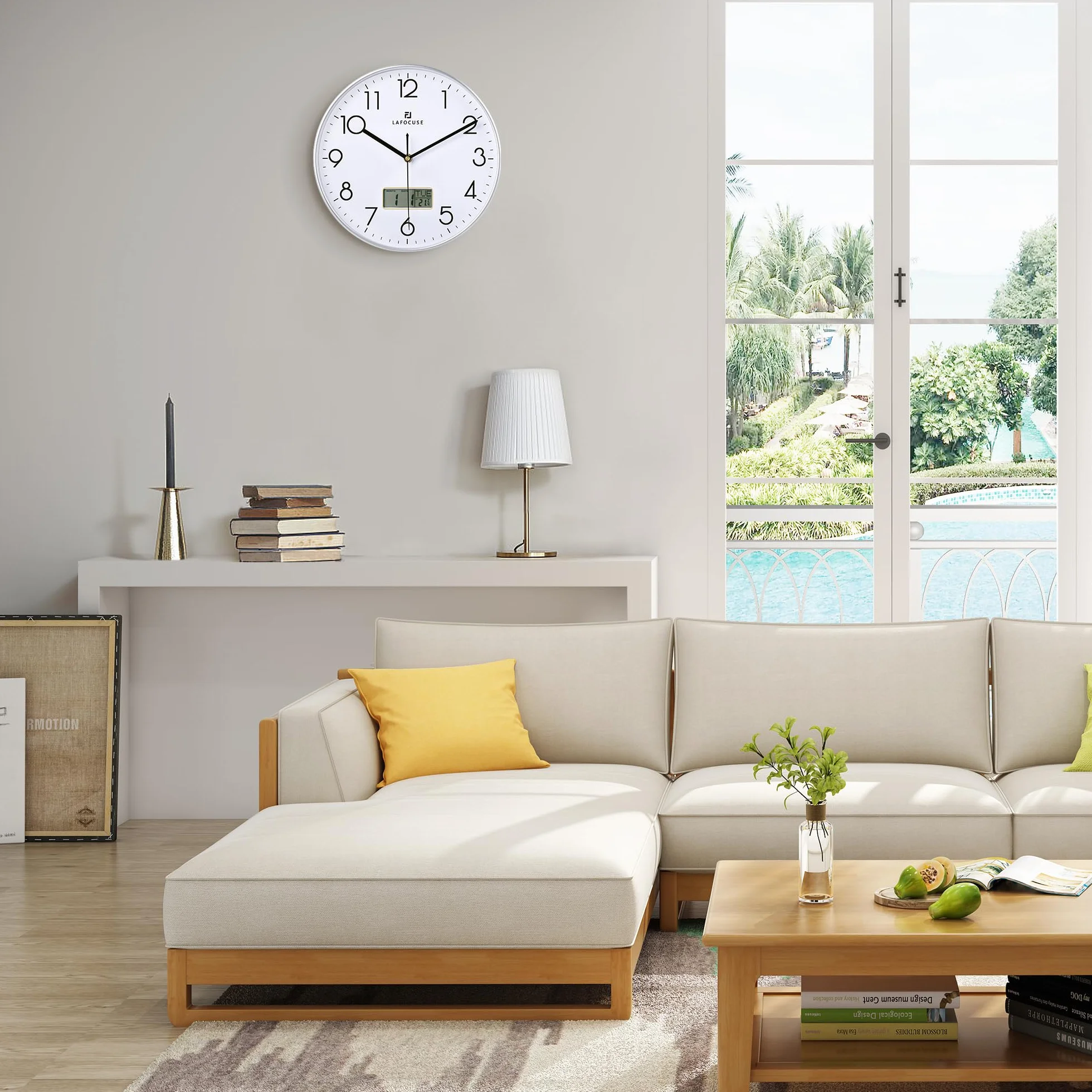 Lafocuse 30cm Reloj de Pared Calendario con Fecha y Termometro Digital LCD, Silencioso Moderno Plateado Reloj Cocina Pared, Fácil de Leer sin Tictac para Salon Dormitorio Oficina