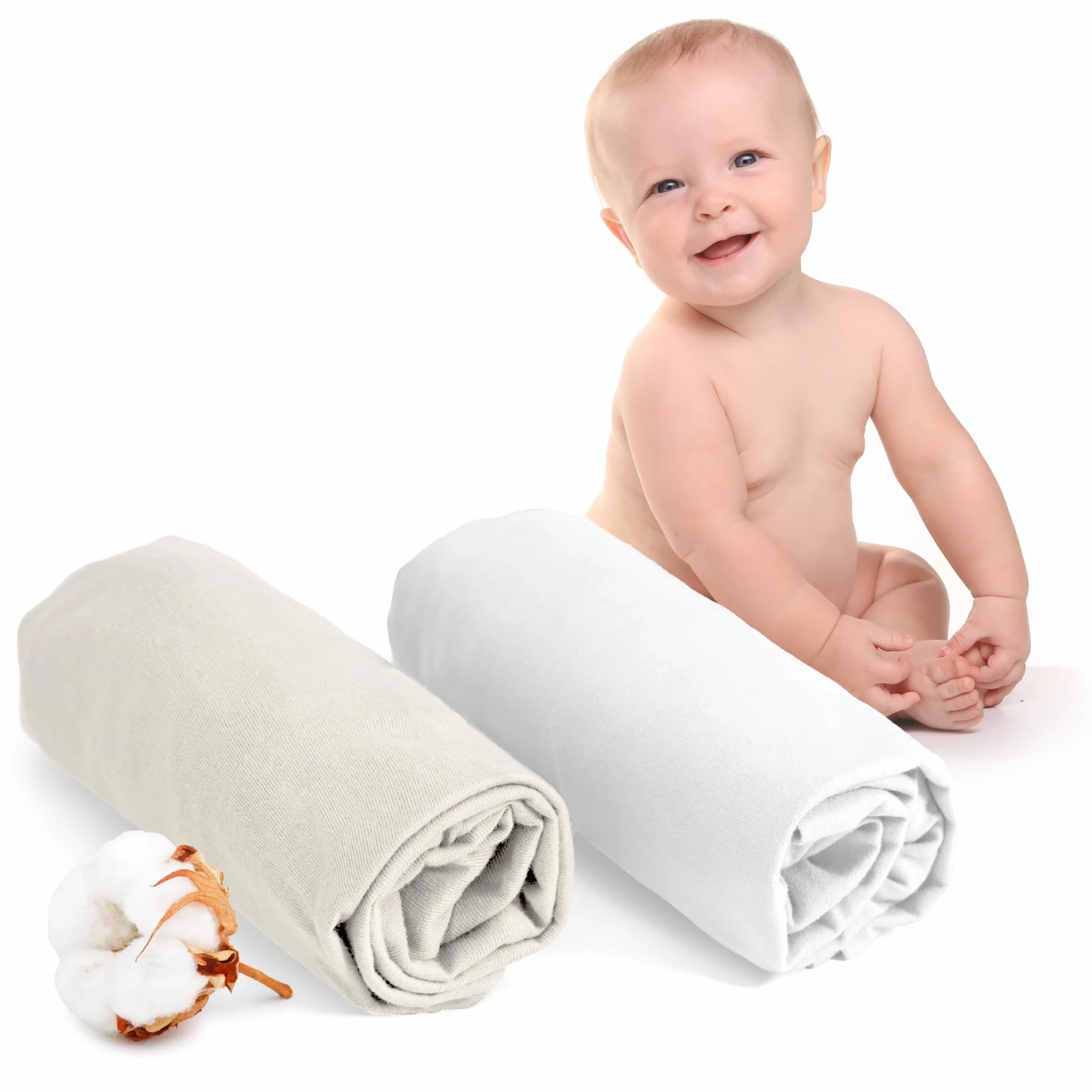 Dreamzie Juego de 2 Sabanas Cuna 60x120 Algodon Ajustables - Oeko Tex Certificado - Blanco Y Beige - Sabana Bajera Cuna 60x120 Algodon 100% Jersey