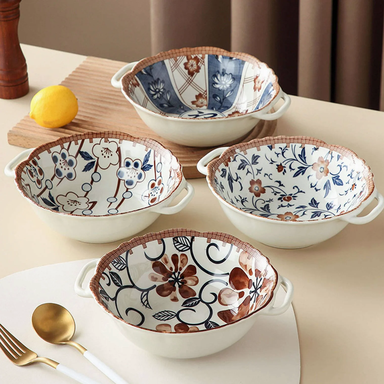 Ensaladera, Tazones De Sopa, Tazón De Cerámica Con Asa, Tazón De Ramen De Cerámica, Tazones Pho Grandes, Tazón De Sopa Apto Para Microondas, Tazón De Fideos Udon-Fu-23x20x7cm, 800ml (Color : Cherry