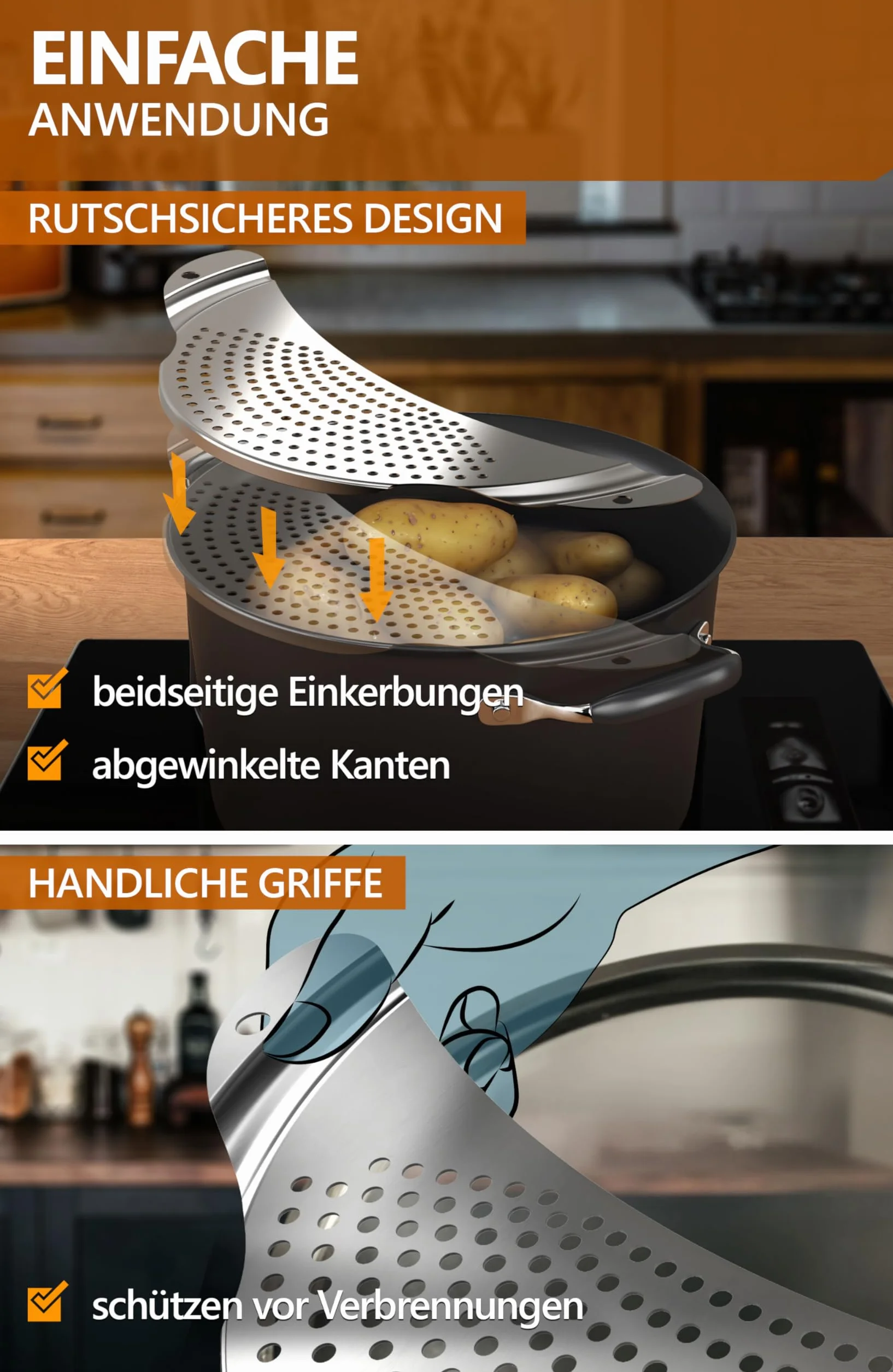 4smile Colador para Cocina – Utensilio de Acero Inoxidable para Verter Ollas de hasta 26 cm de Diámetro – Diseño Plano que Ahorra Espacio, Práctico para Pasta y Patatas