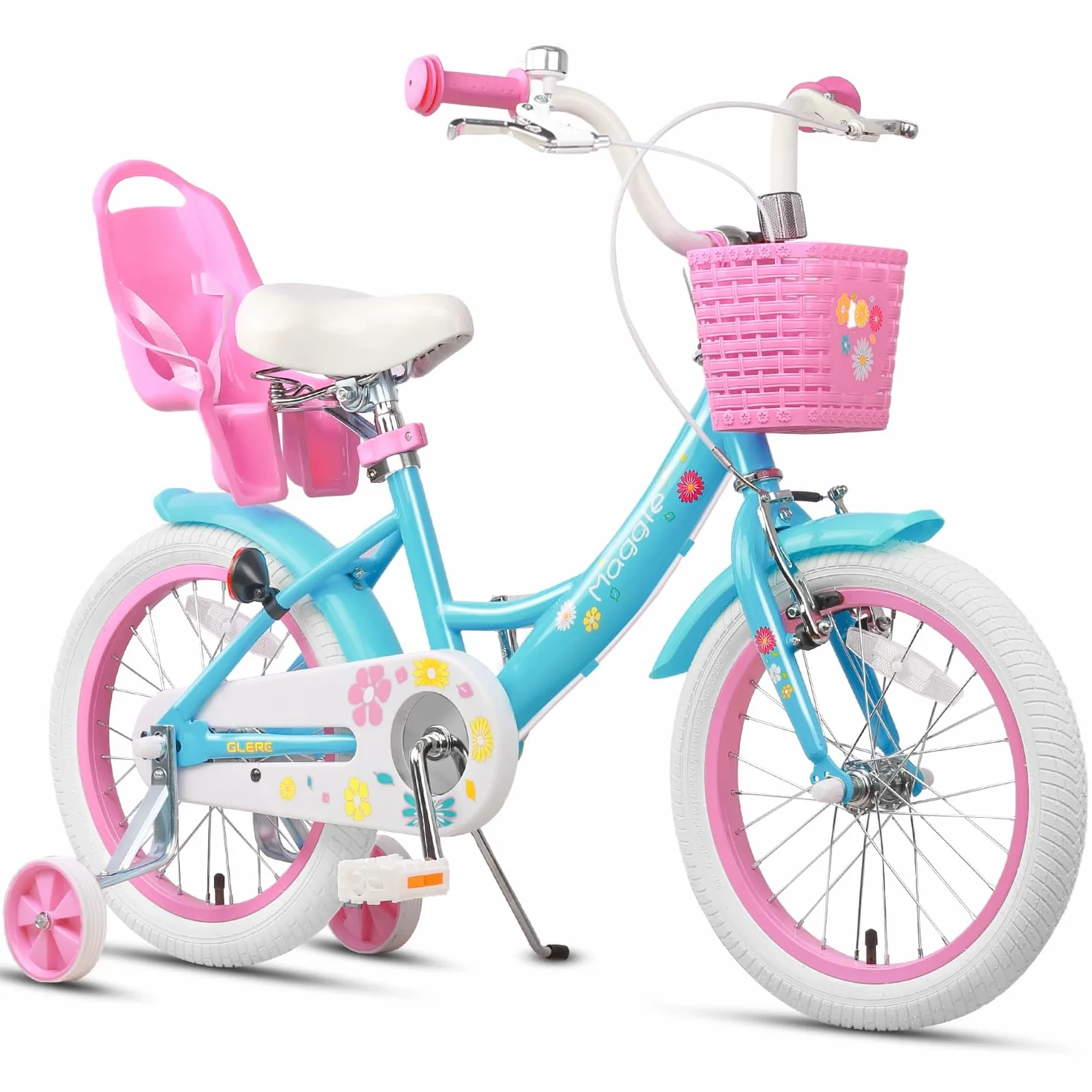Bicicleta rosa con cesta para niños 12 14 16 pulgadas con campana y ruedas de entrenamiento