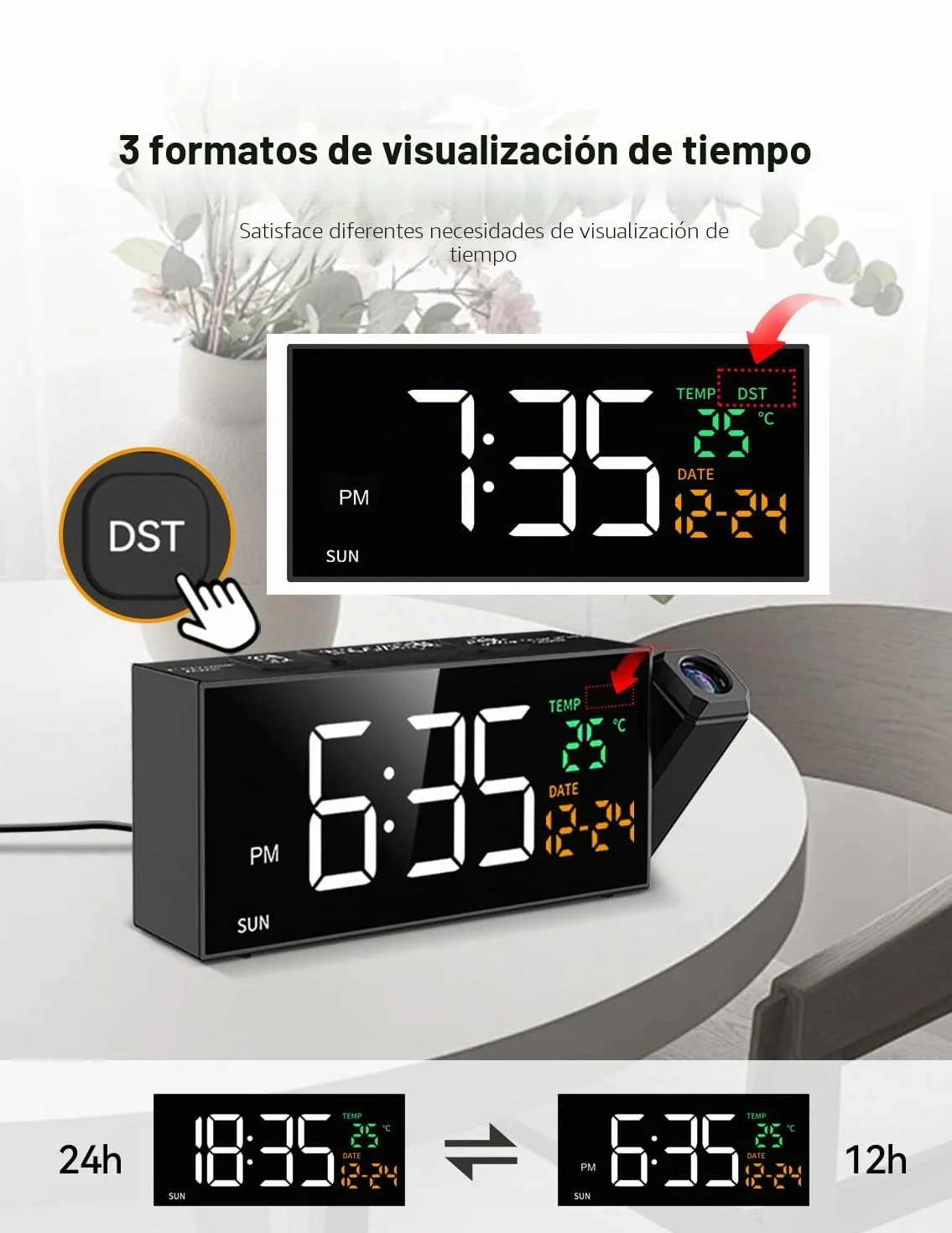 Despertador digital con función de proyección, Reloj despertador con proyector de 350°, termómetro, fecha, pantalla grande, 10 tonos de llamada, Snooze, DST manual, Reloj despertador para dormitorio