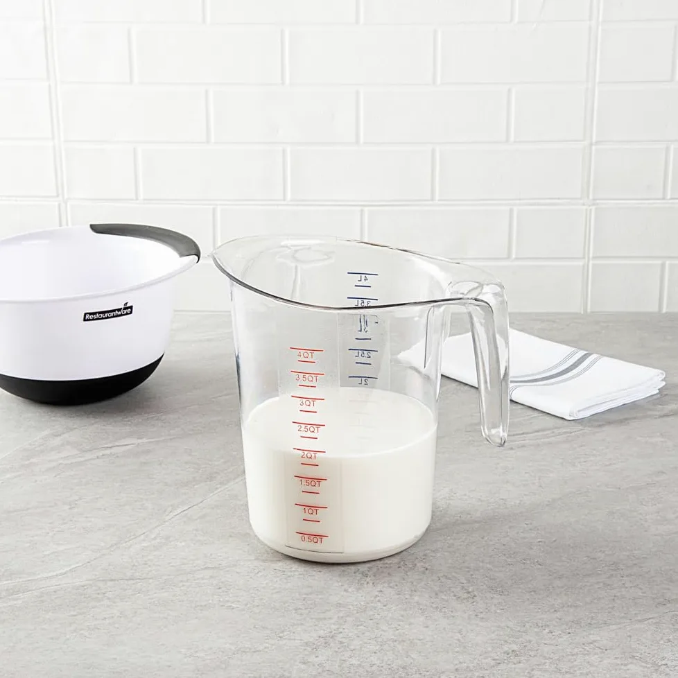 RW Base - Tarros medidores de 4 cuartos de galón, 10 vasos de medición duraderos, unidades métricas e imperiales, boquilla en forma de V, tazas medidoras de plástico transparente, mango con agarre