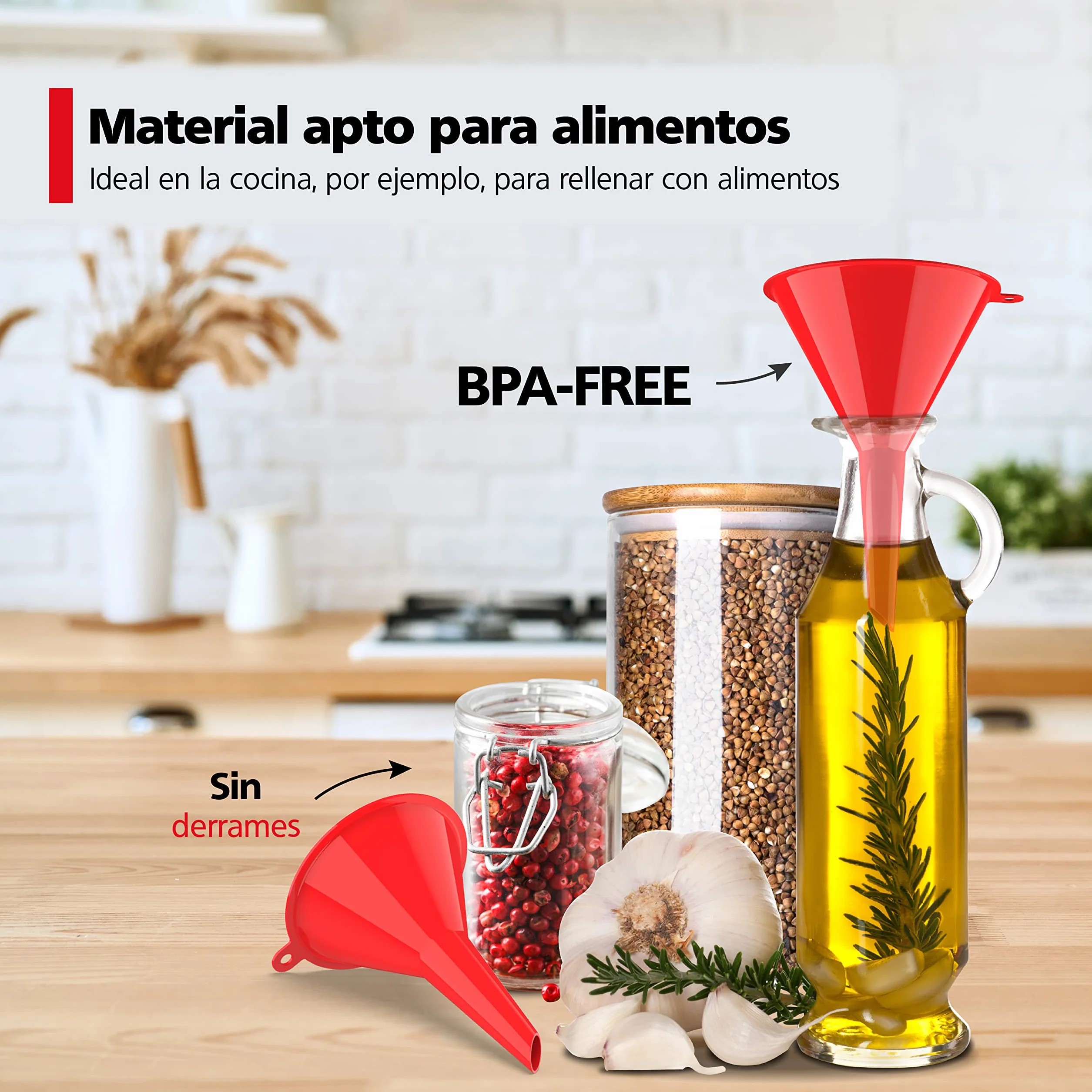Nirox Juego de 4 embudos universales - Apto para alimentos BPA-FREE - Ayuda de llenado para la cocina - Mini embudo de llenado para líquidos e ingredientes secos - Embudo de aceite para coche
