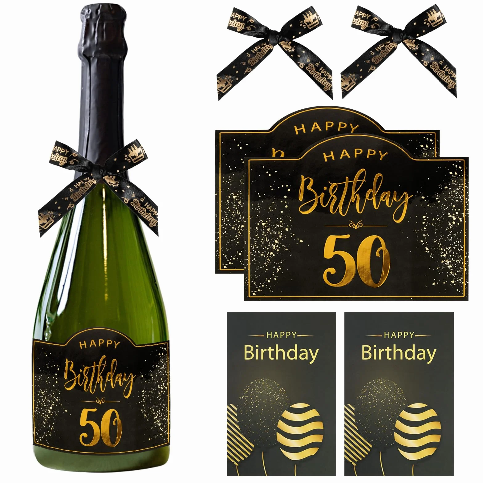 BOFUNX 2pcs Etiquetas Adhesivas para Botella de Vino Champán Agua Pegatinas Autoadhesiva Feliz Cumpleaños 50 Happy Birthday+2pcs Lazos+2pcs Tarjeta Felicitación Regalo Decoración Fiesta Personalizada