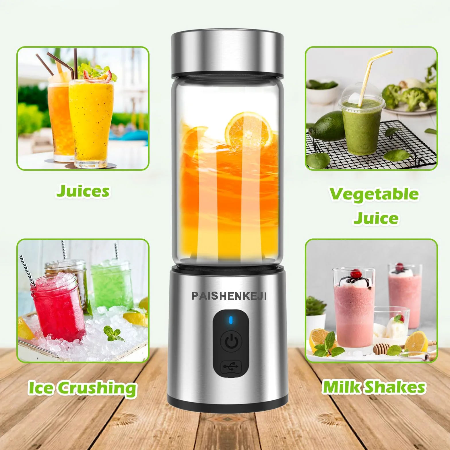 Batidora portátil de cristal para batidos y licuados: Batidora personal para triturar hielo y fruta congelada, mini exprimidor de 400 ml ideal para batidos, licuados y zumos, Smoothie Maker