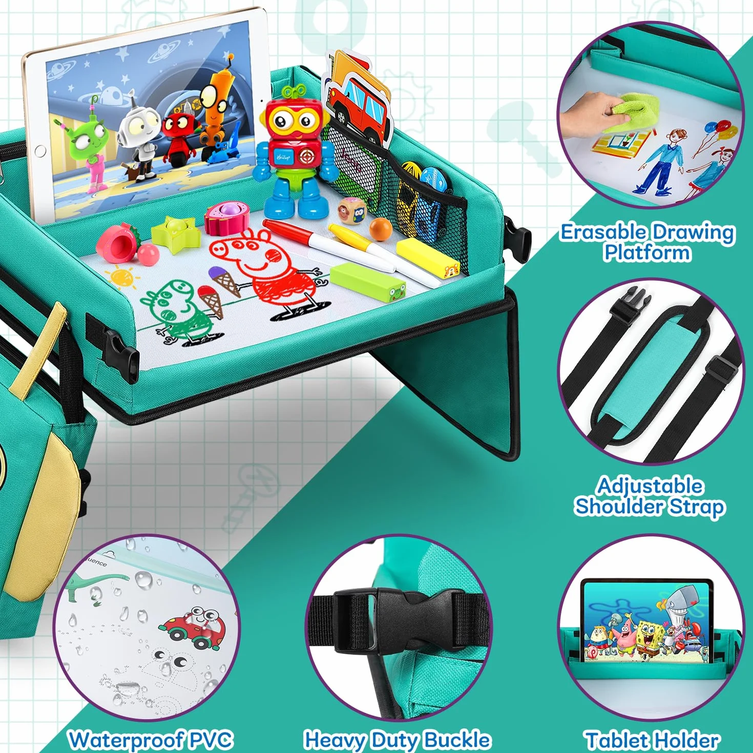 COOLJOY Mesa Coche Niños Bandeja Viaje Impermeable Plegable con Papeles Dibujo Educativo