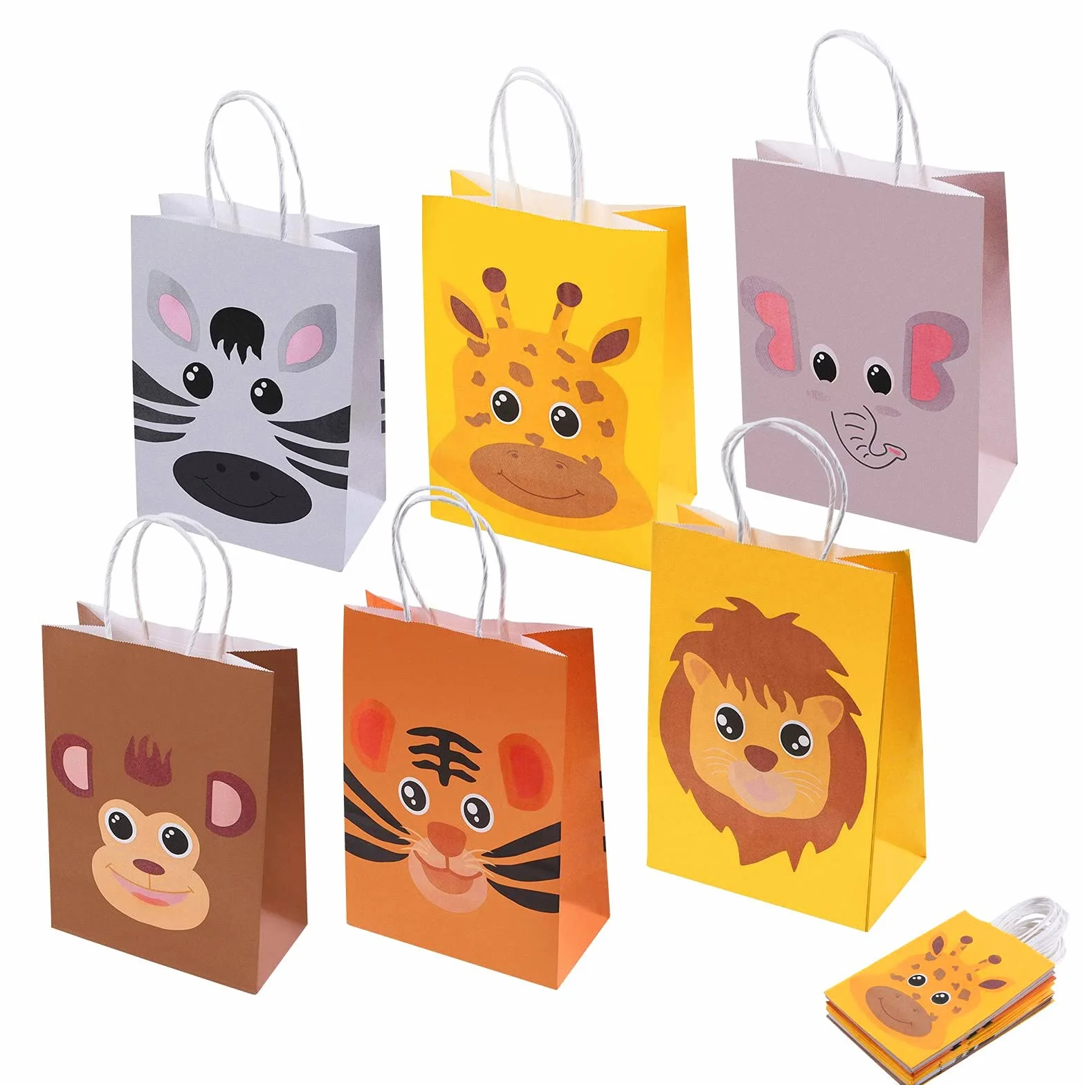 flintronic 18PCS Bolsas Regalo Navidad,(Talla 21 * 15 * 8 CM) Animales Bolsas Cumpleaños Infantil Bolsas de Papel,Bolsa de Regalo de Papel Kraft,para Animales Selva Fiesta con 6